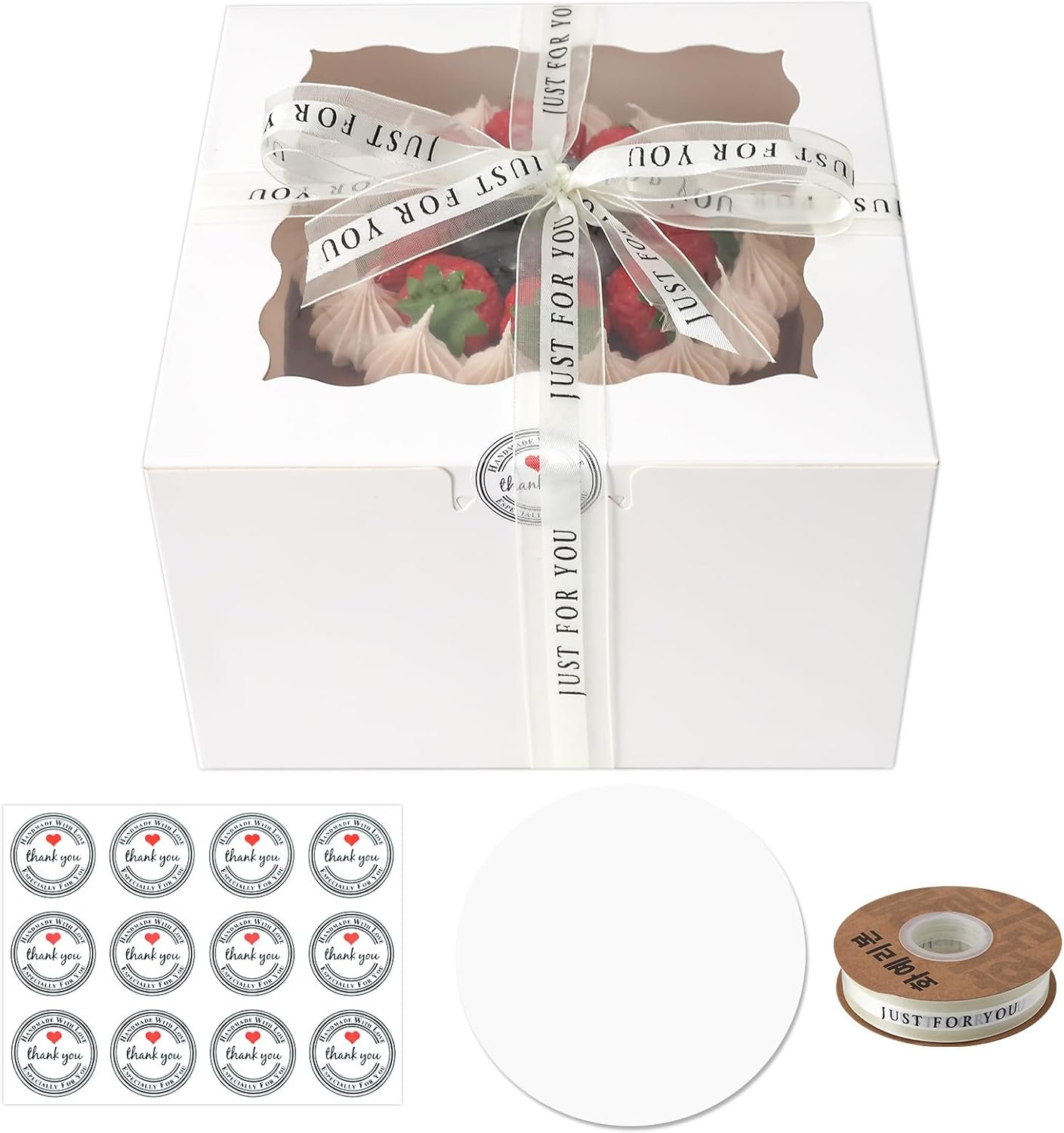 Grossiste 28 Sets de 8x8x5 Boîtes à Gâteau Blanches avec Fenêtre, Contenants à Gâteau Ronds de 8 pouces, OEM Boîtes à Gâteau avec Couvercles pour Pâques et Fête des Mères. Fabricant d'Accessoires de Gâteau en Vrac.