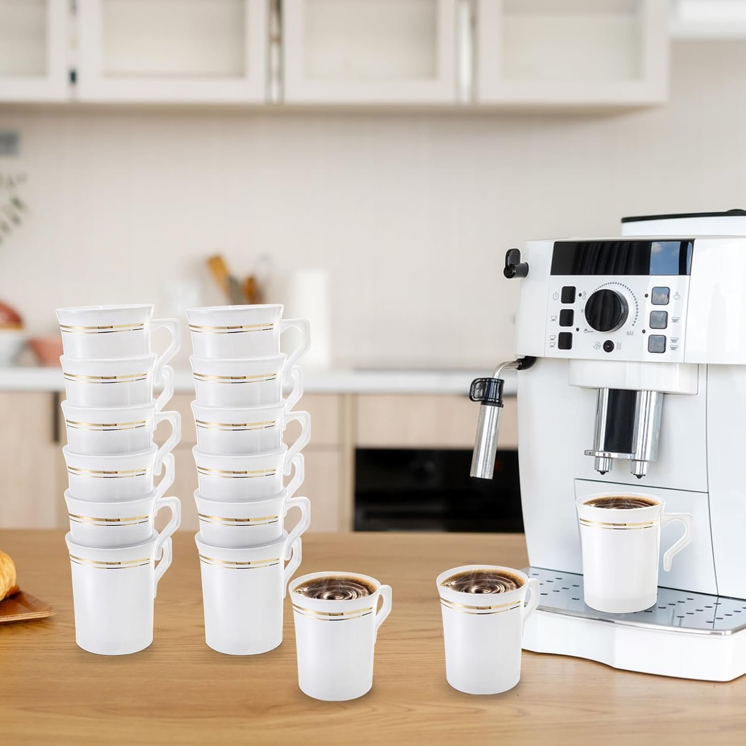 Grossiste gobelets jetables 8 oz avec anse, ensemble de 48 tasses à café, boisson chaude ou froide, idéal pour mariages et événements, marque blanche, fournisseur de vaisselle élégante pour camping, voyage et réception.