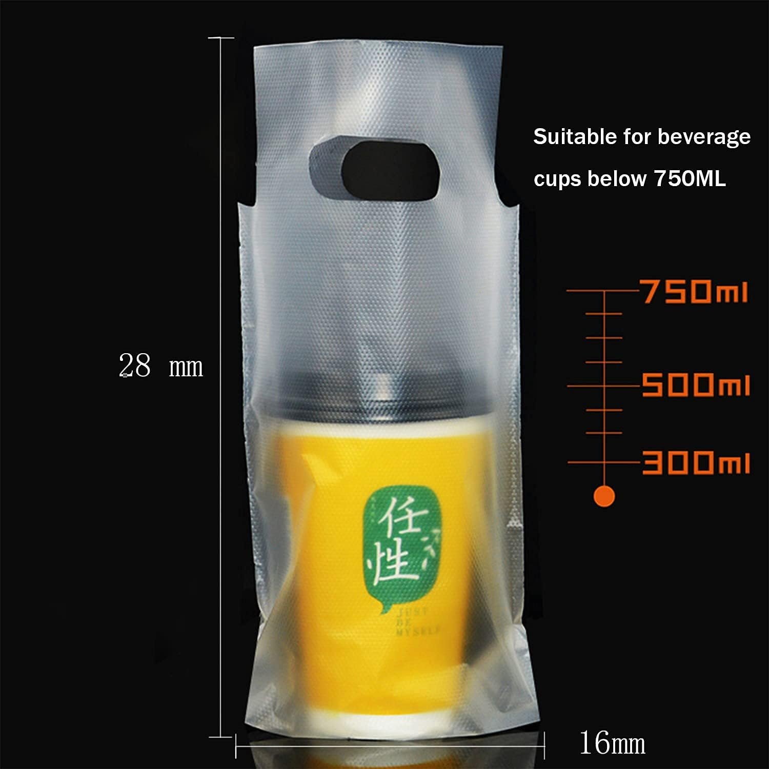 Grossiste de sacs plastiques clairs avec poignées pour livraison de boissons, 100PCS pour tasses à café/thé/jus, 1 tasse jusqu'à 16x28cm, Logo Personnalisé pour cafés/restaurants-bars, Fabricant de solutions de transport.