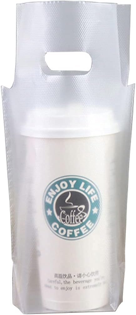 Grossiste de sacs plastiques clairs avec poignées pour livraison de boissons, 100PCS pour tasses à café/thé/jus, 1 tasse jusqu'à 16x28cm, Logo Personnalisé pour cafés/restaurants-bars, Fabricant de solutions de transport.