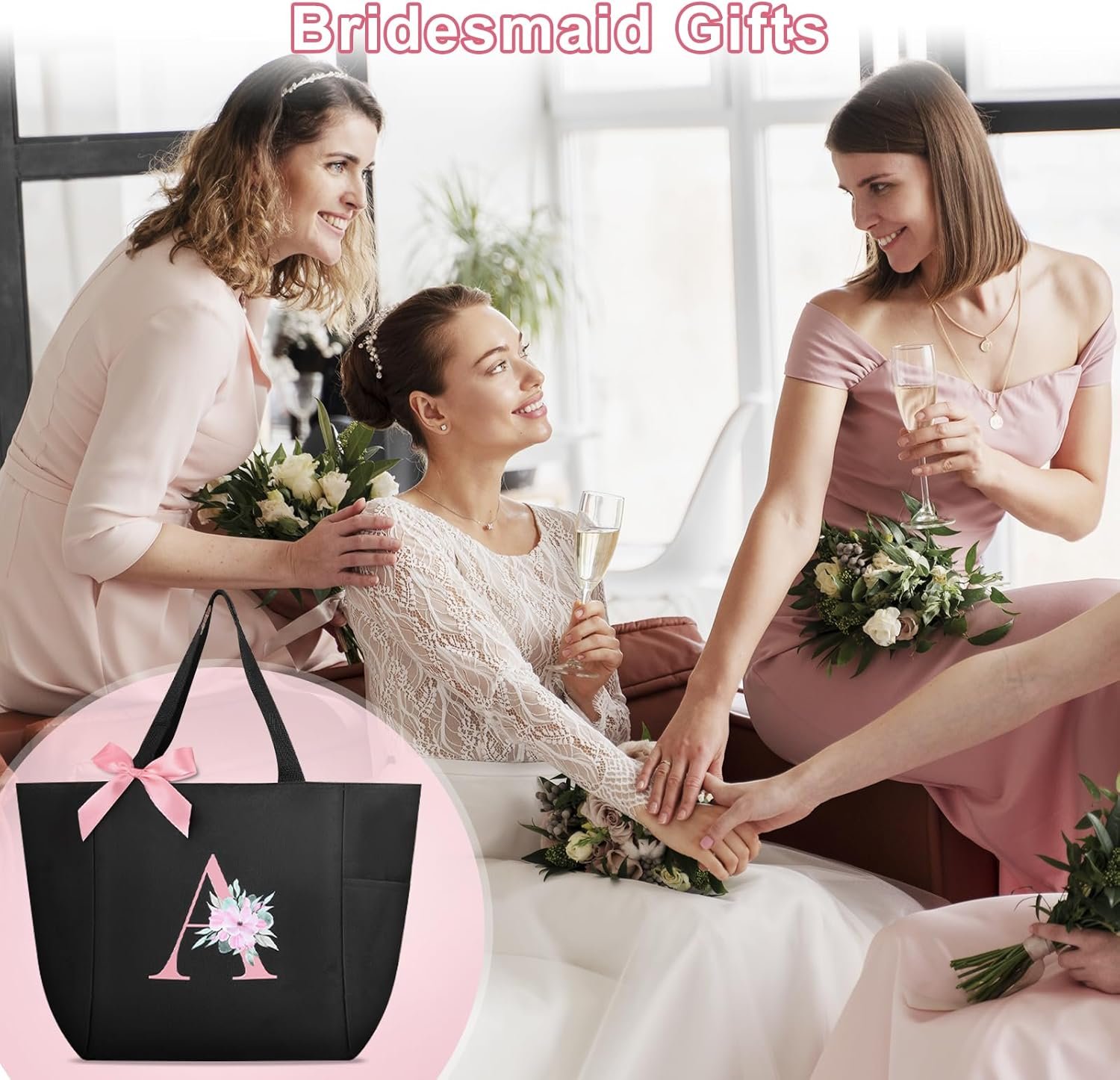 Tote Bag Waterproof en Vrac, Sac en Tissu Monogrammé à Initiales A-Z, Cadeaux pour Mariage, Logo Personnalisé, Noir et Rose, Fournisseur de Sac à Main pour Femmes