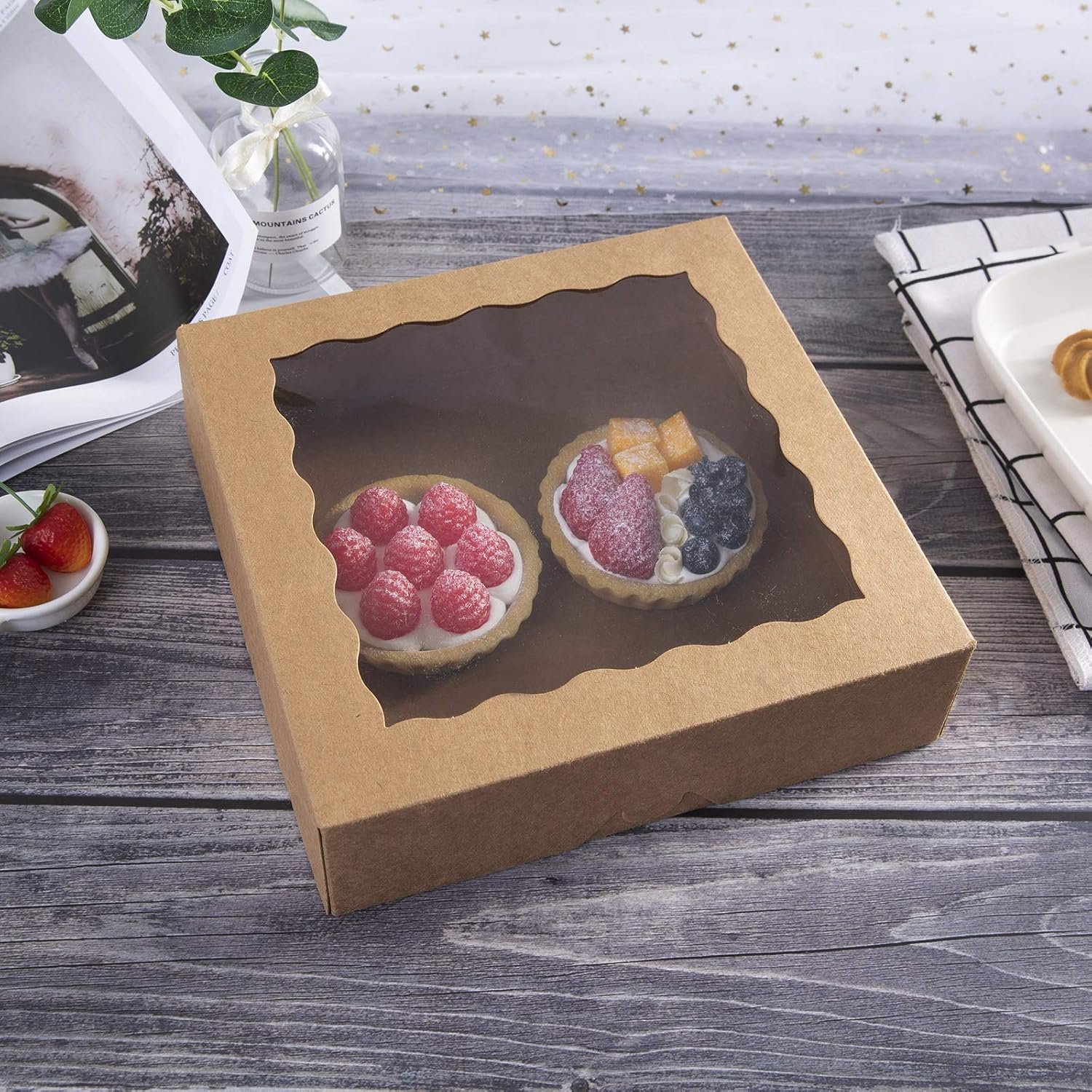 Grossiste Boîtes à Pâtisserie Kraft 12 pouces [15pcs], 12x12x2.5 pouces Grandes Boîtes à Tarte avec Fenêtre PVC, Box Écologique pour Cookies, Logo Personnalisé, Pack de 15