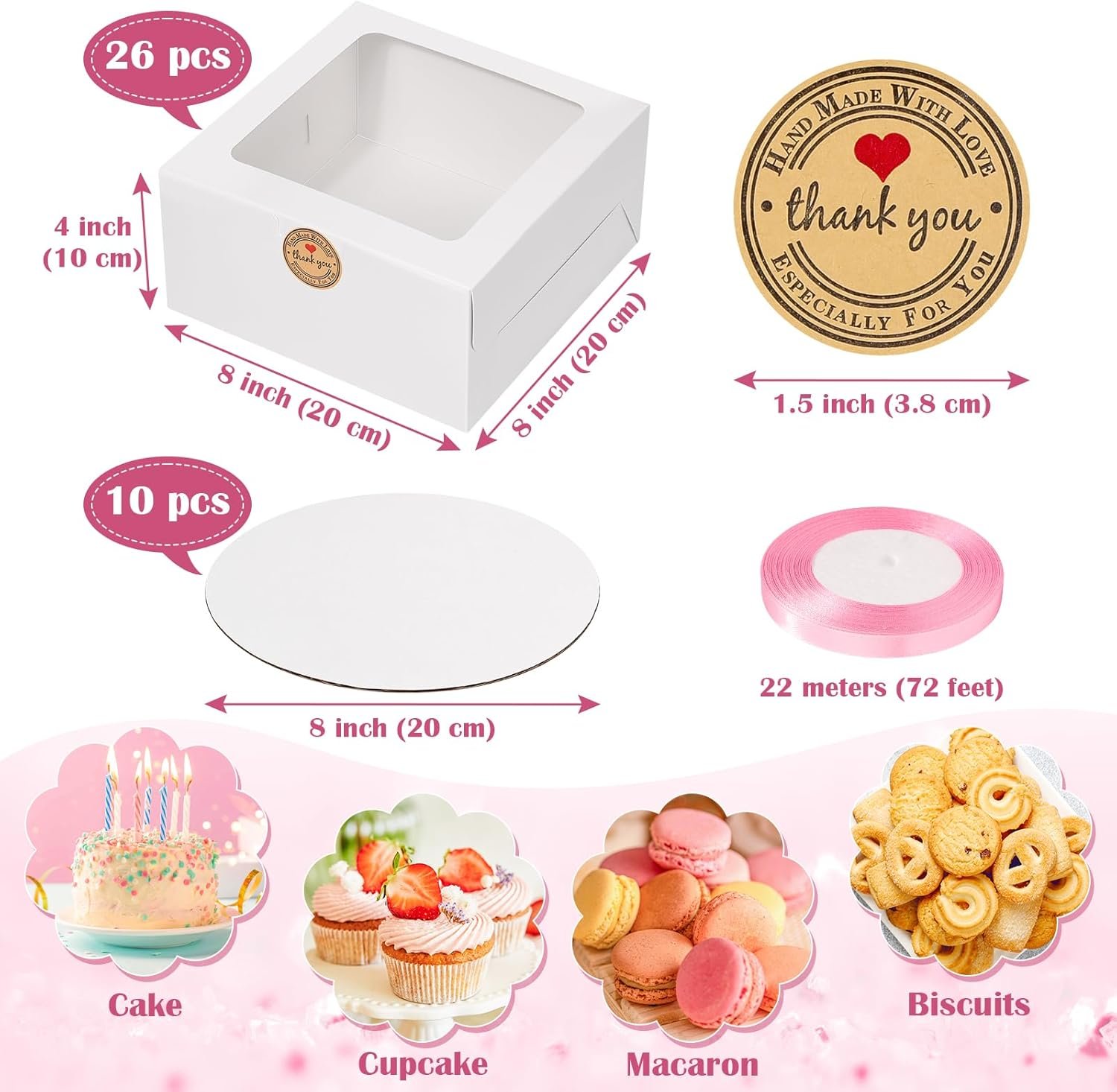 Grossiste 26pcs Boîtes à Gâteau 8x8x4 Pouces, Boîtes de Pâtisserie Blanches avec Fenêtres pour Cupcakes, Muffins, Cookies, et Donuts, Logo Personnalisé Lager pour Fournisseurs