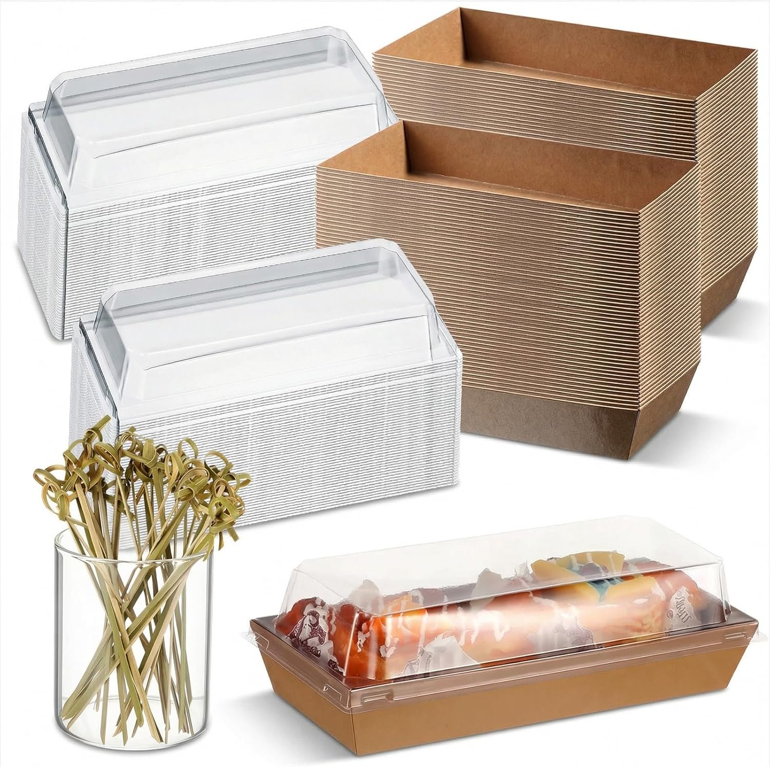 Boîte à charcuterie en vrac de 100 pièces avec couvercles transparents, idéale pour des desserts, sushi et cocktails, avec logo personnalisé et fournie par un fabricant fiable.
