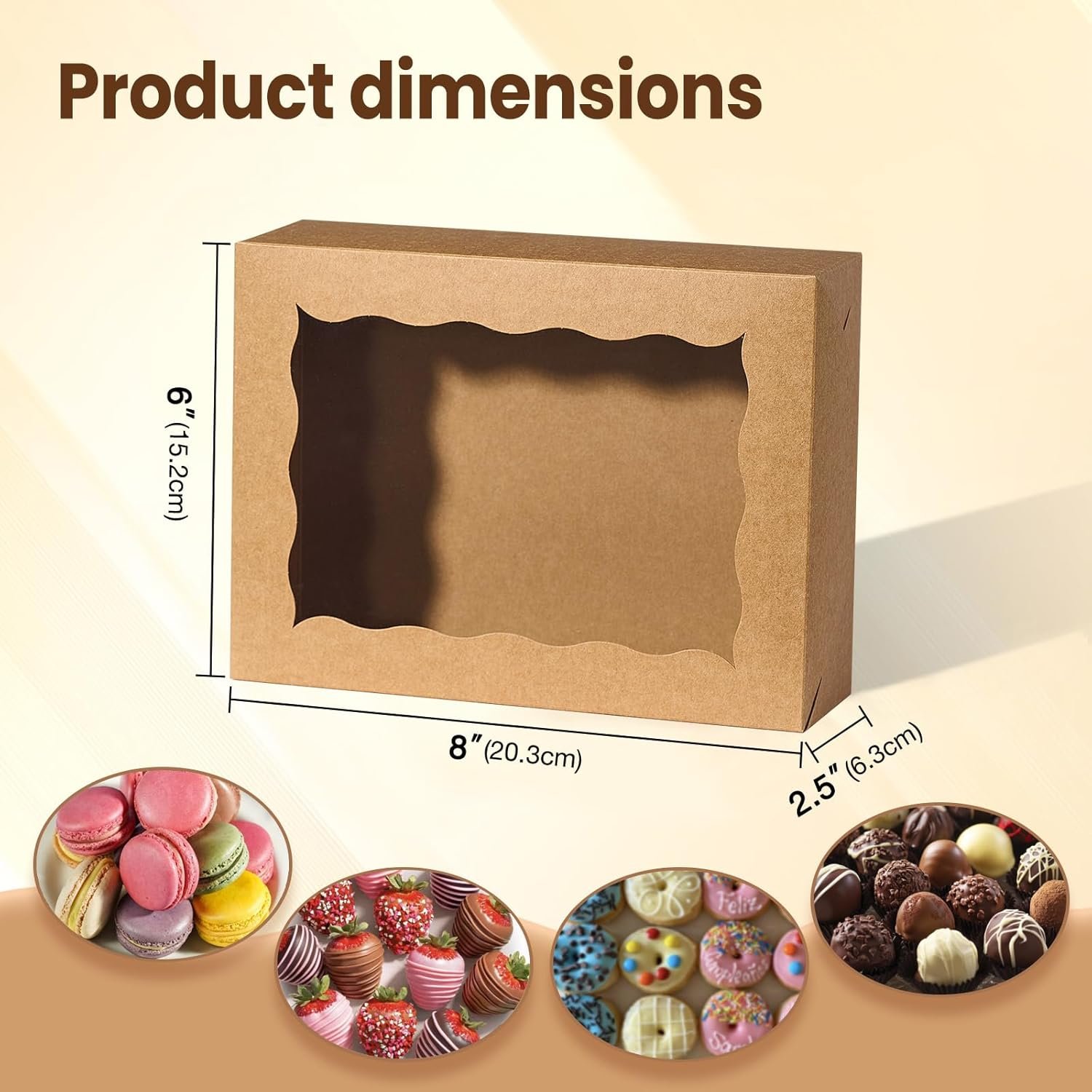 Boîtes à pâtisserie en carton marron de 8 pièces avec fenêtre, 8x6x2,5 pouces, parfaites pour la vente en gros de chocolat, fraises, macarons, truffes, oreillettes, cookies et donuts. OEM, fournisseur fiable, idéal pour les célébrations de différentes fêtes.