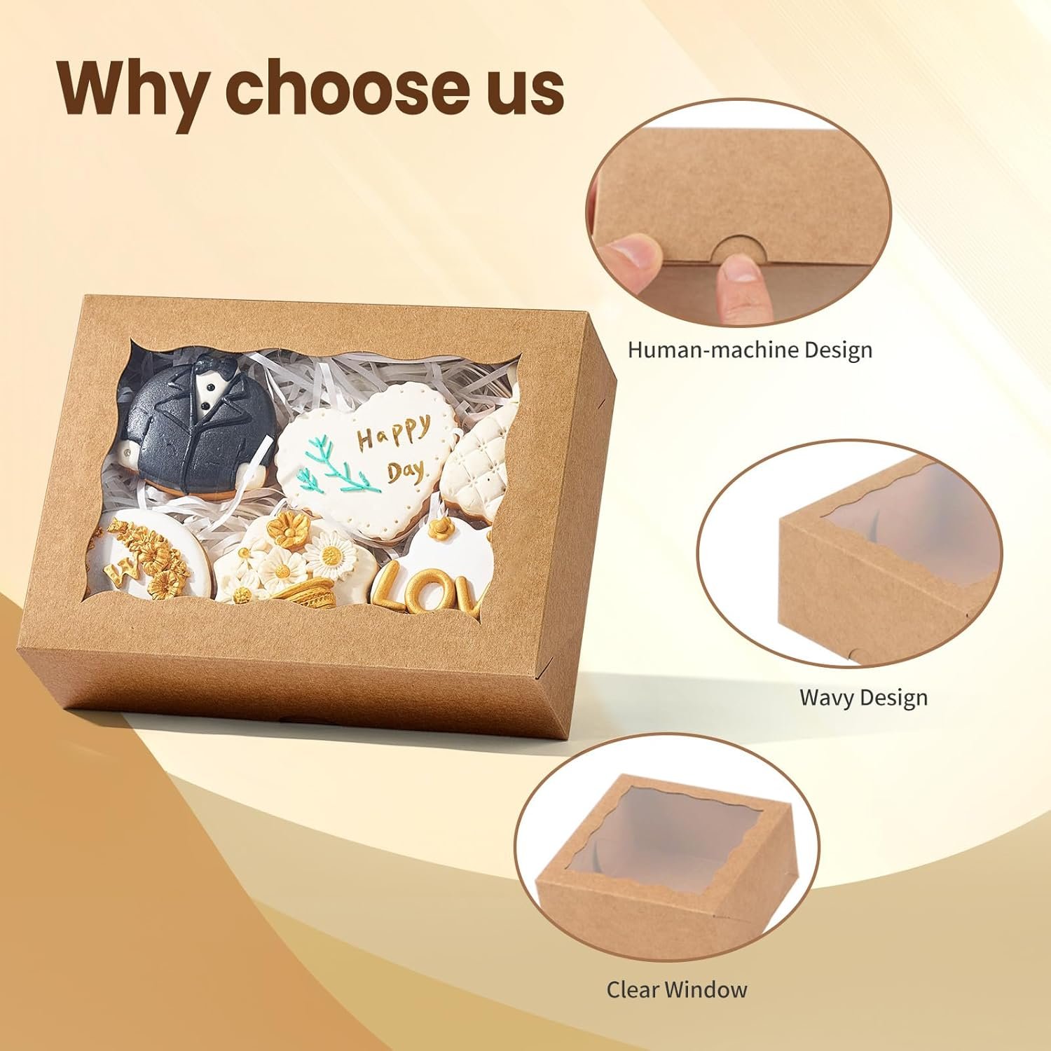 Boîtes à pâtisserie en carton marron de 8 pièces avec fenêtre, 8x6x2,5 pouces, parfaites pour la vente en gros de chocolat, fraises, macarons, truffes, oreillettes, cookies et donuts. OEM, fournisseur fiable, idéal pour les célébrations de différentes fêtes.