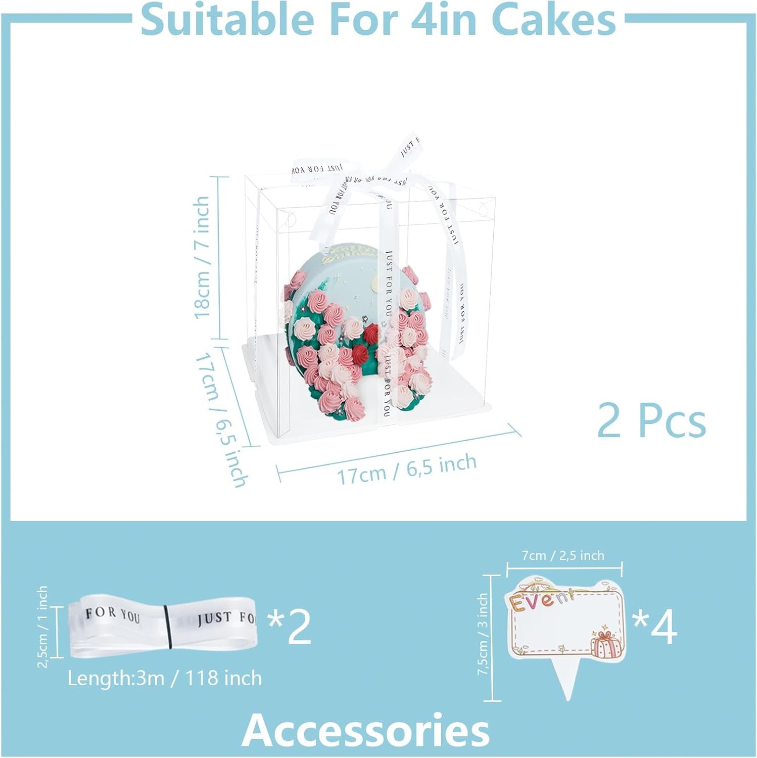 Grossiste Boîtes à Gâteaux Transparentes 6,5x6,5x7in 2-Pack - Fabricant Fournissant Ruban en Satin 2x10 pieds & 4 Décorations en Papier, Logo Personnalisé, Sans BPA pour Mariages et Anniversaires