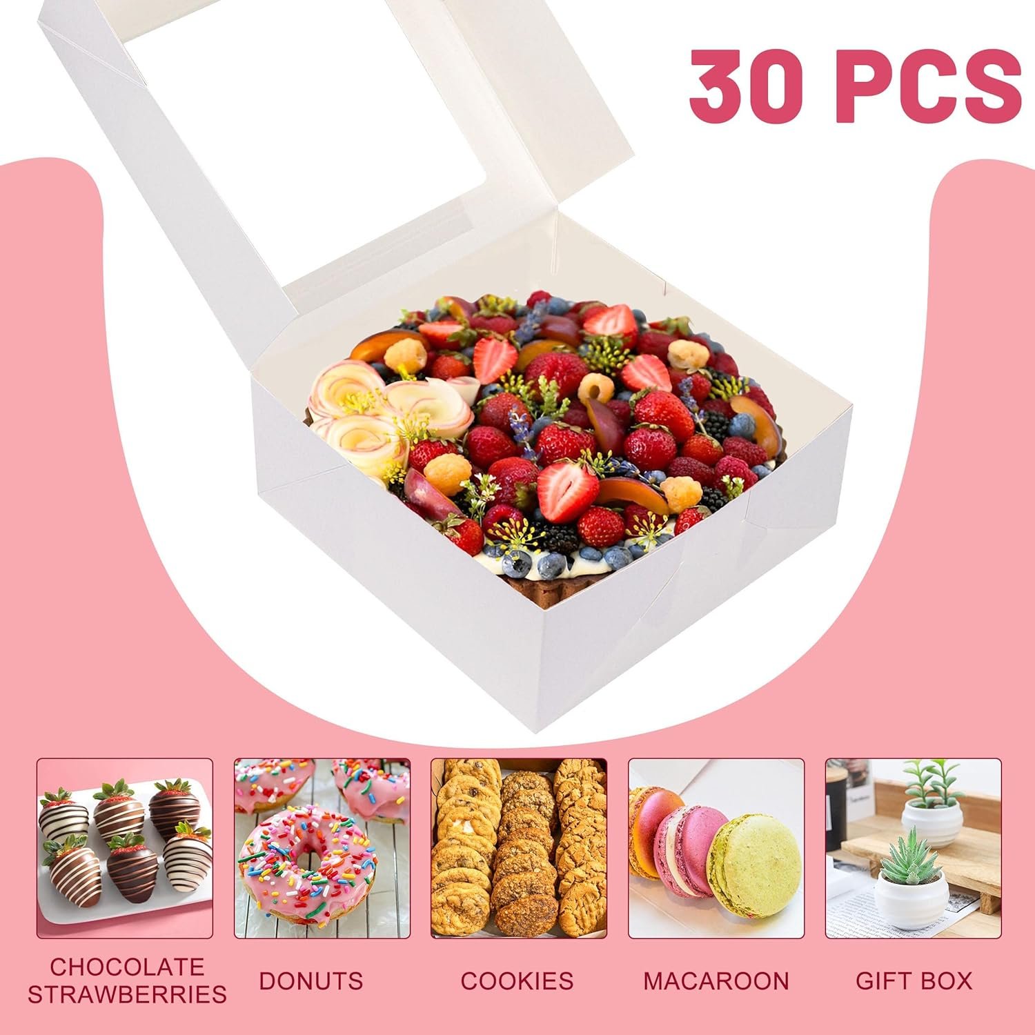 Grossiste Boîtes de Boulangerie 8x8x3 pouces avec fenêtre pour chocolat et fraises, idéal pour gâteau, cupcake, cookie, macaron et cœur brisable, Logo Personnalisé, Fournisseur de Boîtes en Papier (Pack de 30, Blanc)