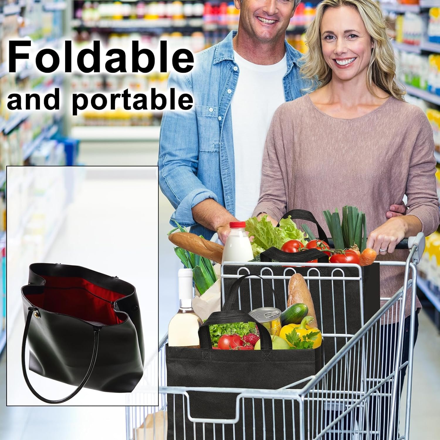 Grossiste de sacs de courses réutilisables noirs avec poignées renforcées, fournisseur d'articles en vrac, logo personnalisé disponible.