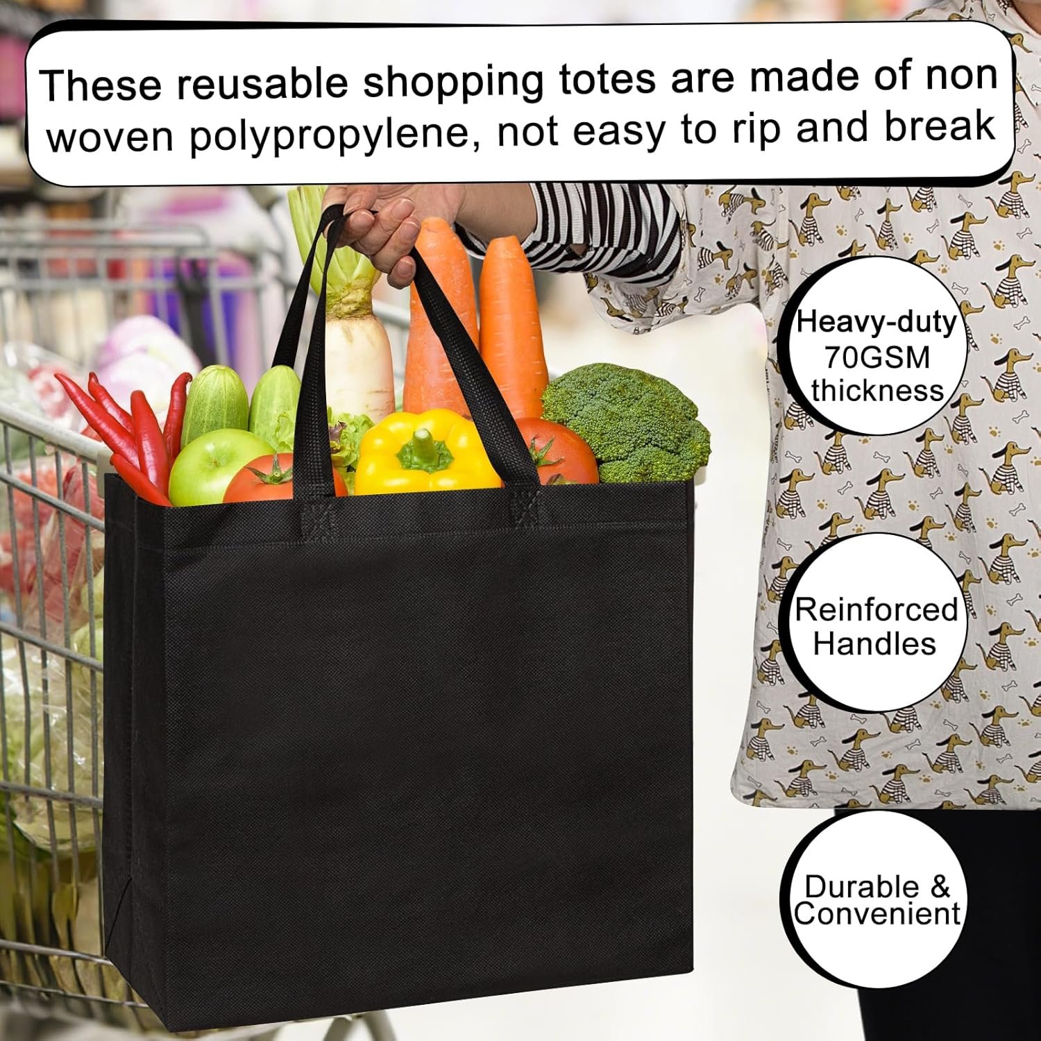 Grossiste de sacs de courses réutilisables noirs avec poignées renforcées, fournisseur d'articles en vrac, logo personnalisé disponible.