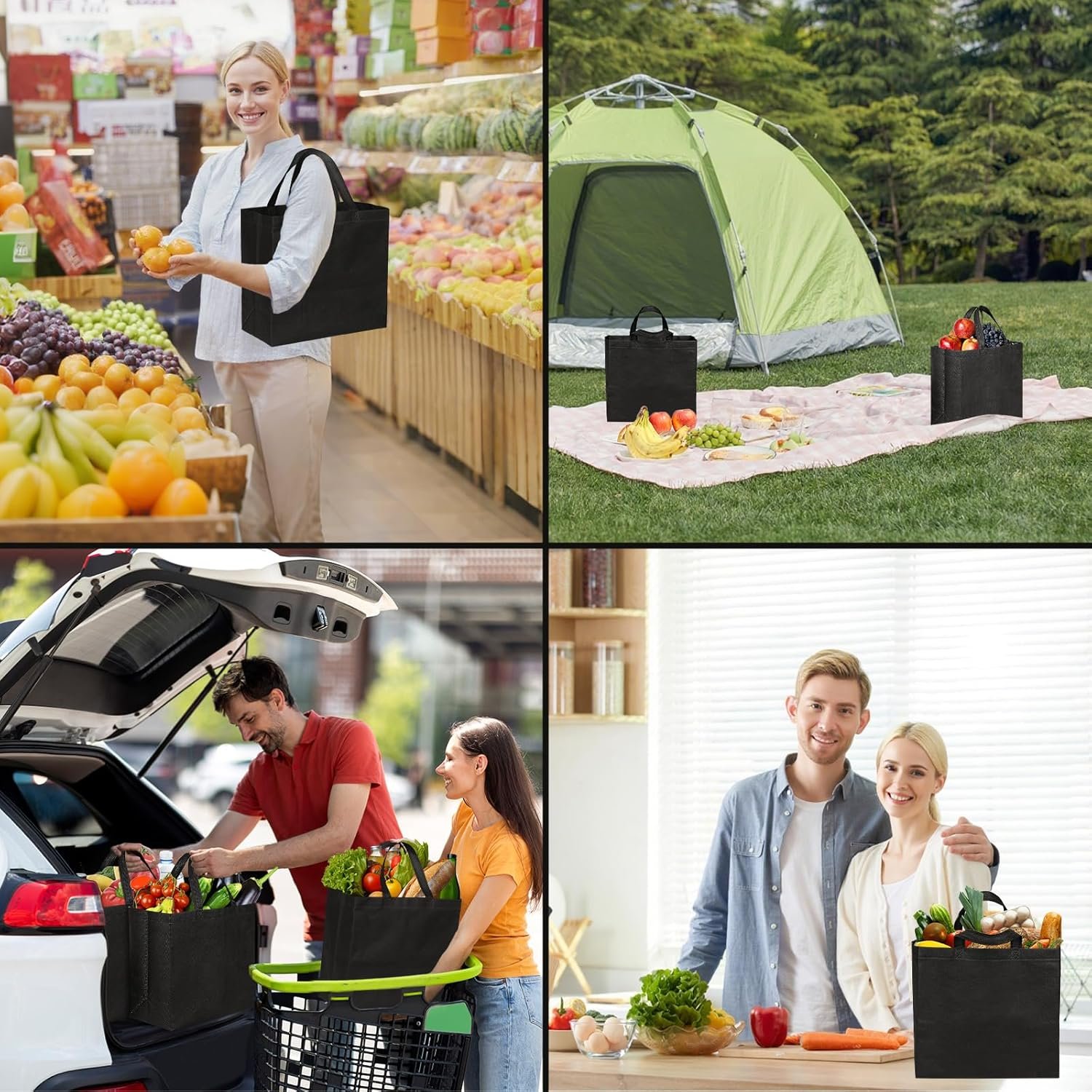 Grossiste de sacs de courses réutilisables noirs avec poignées renforcées, fournisseur d'articles en vrac, logo personnalisé disponible.