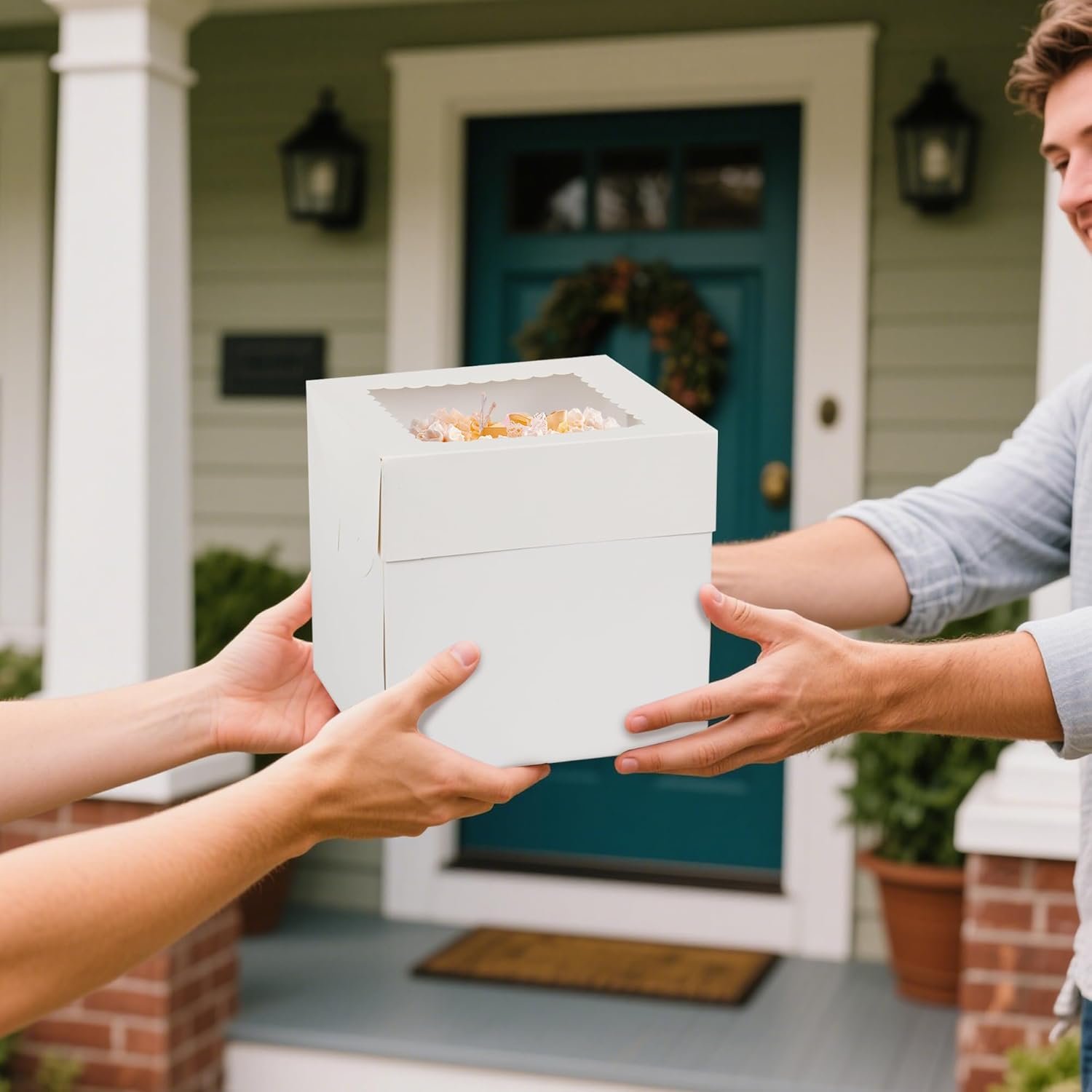 Boîte à gâteau blanche de 12 pièces avec fenêtre, 8x8x8 pouces, disponible en gros auprès du fournisseur, avec 12 cartons dorés et 3 autocollants, personnalisation de logo pour un cadeau élégant.