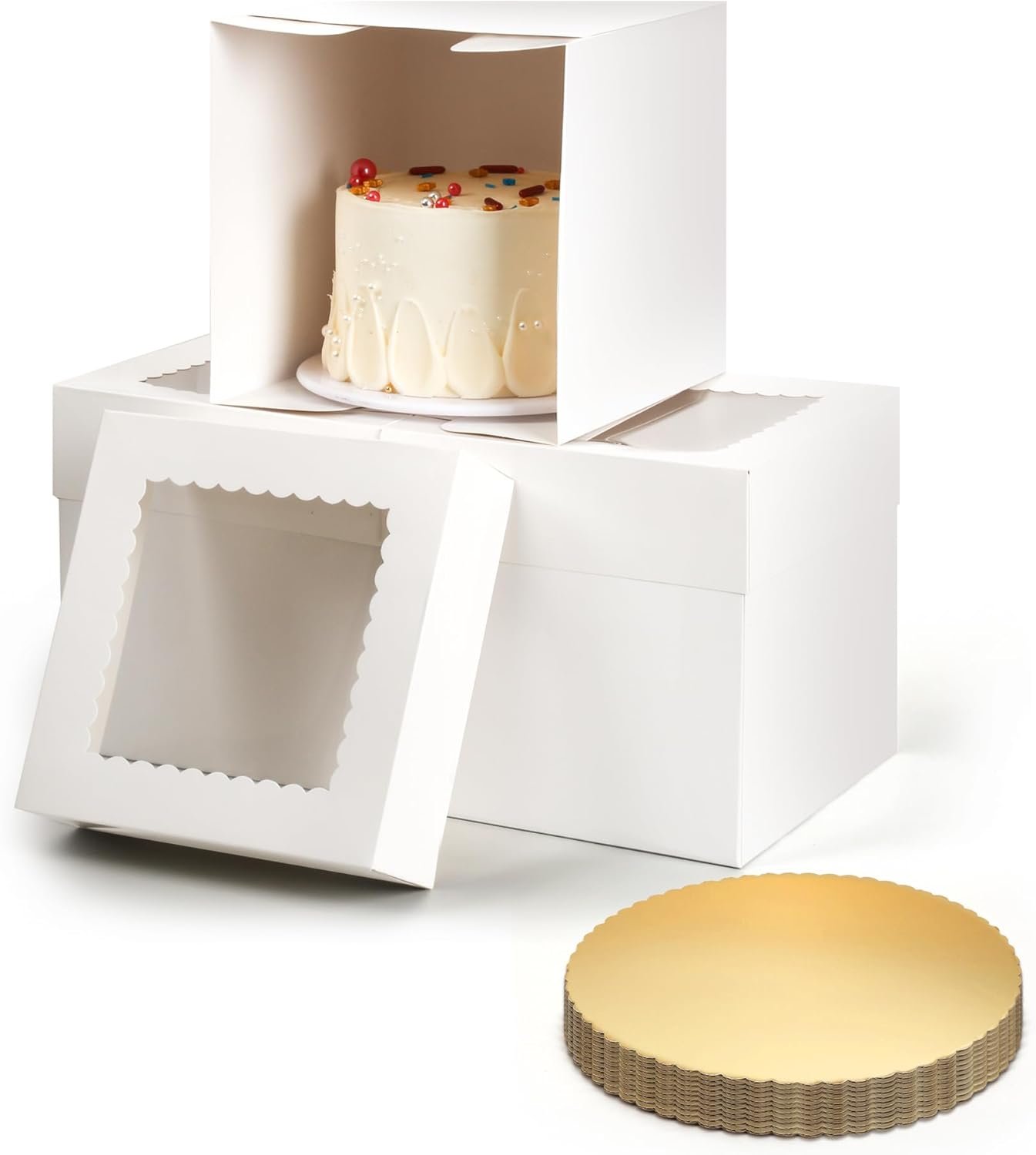 Boîte à gâteau blanche de 12 pièces avec fenêtre, 8x8x8 pouces, disponible en gros auprès du fournisseur, avec 12 cartons dorés et 3 autocollants, personnalisation de logo pour un cadeau élégant.