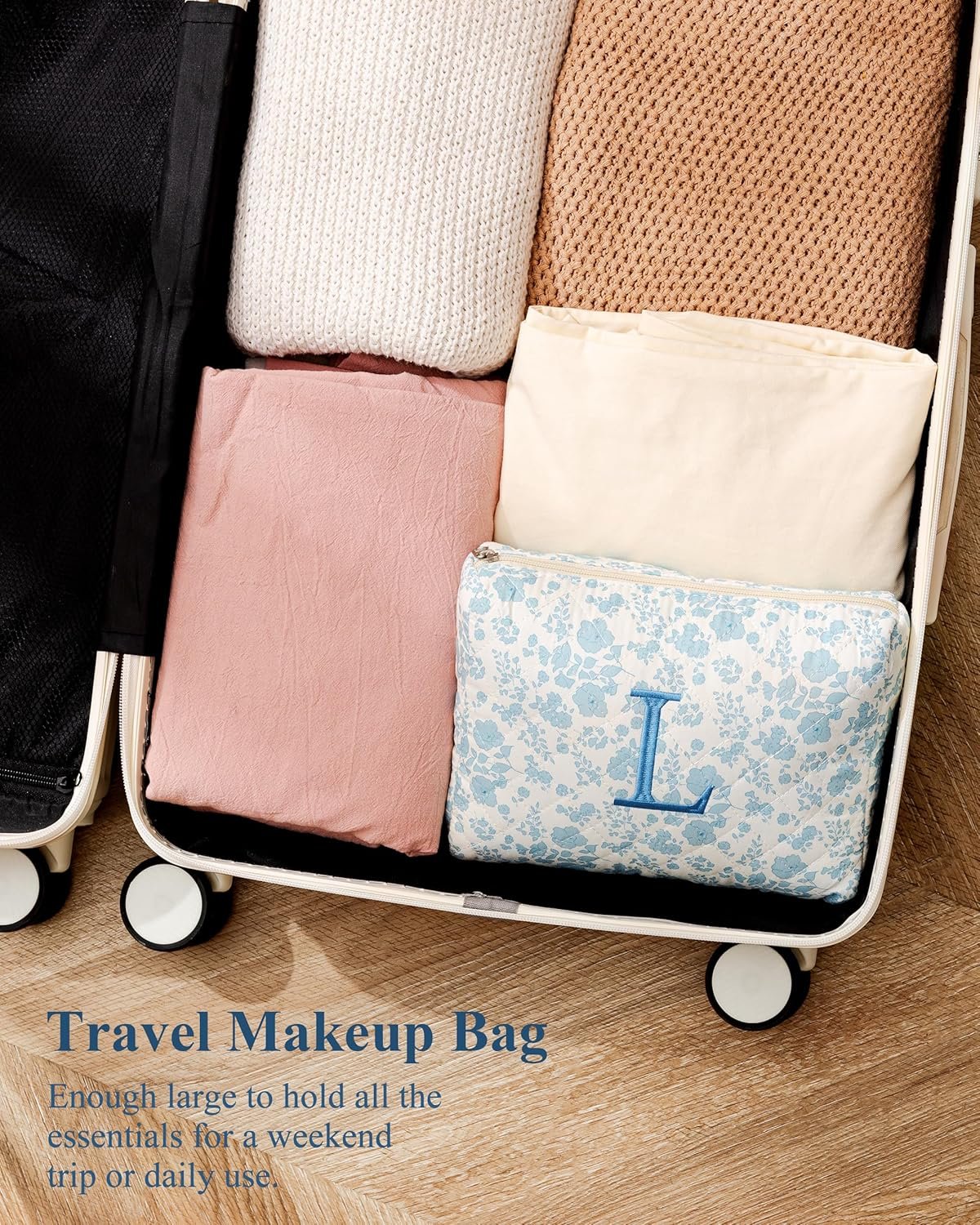 Grossiste sac de maquillage en coton, sac de voyage large avec motif floral coquette, fournisseur OEM pour les femmes et les filles.