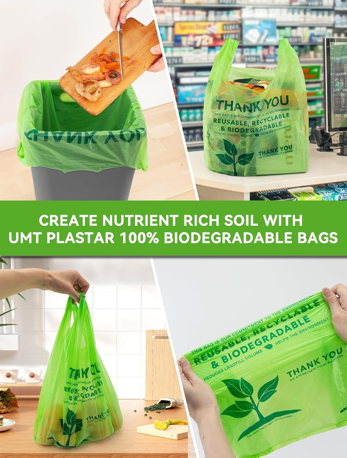 Grossiste en sacs à provisions biodégradables 200 unités, 11,5 x 6,25 x 21 pouces, sacs en plastique compostables avec logo personnalisé, sacs de transport robustes en vente en gros, 16 microns.