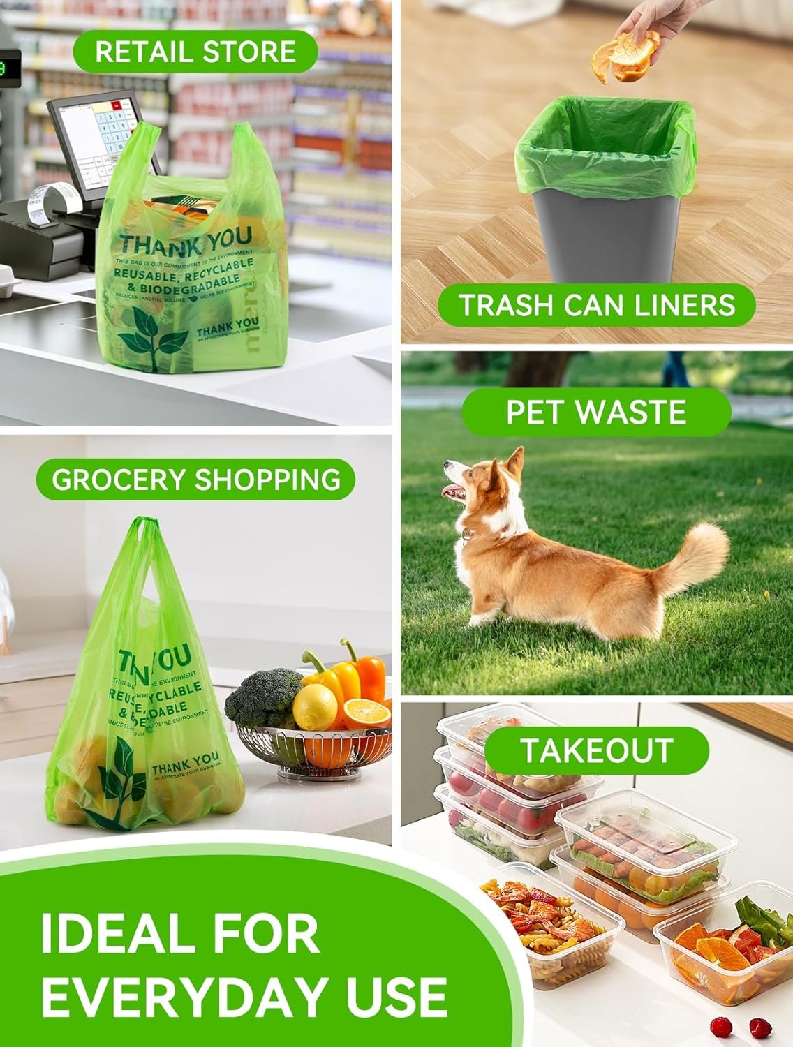 Grossiste en sacs à provisions biodégradables 200 unités, 11,5 x 6,25 x 21 pouces, sacs en plastique compostables avec logo personnalisé, sacs de transport robustes en vente en gros, 16 microns.