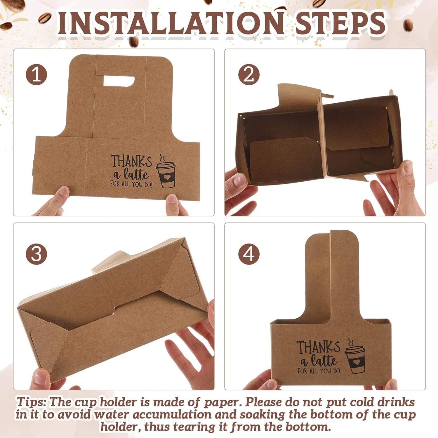 Grossiste 30 ensembles de porte-gobelets avec poignée, support en papier kraft pour 2/4 tasses de 12-30 oz, pour boissons froides et chaudes, livraison de boissons à emporter pour la fête des mères, Logo Personnalisé, dimensions 7 x 3 x 9 pouces, couleur marron, Fabricant.