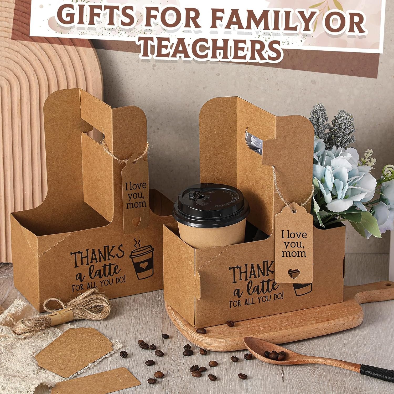 Grossiste 30 ensembles de porte-gobelets avec poignée, support en papier kraft pour 2/4 tasses de 12-30 oz, pour boissons froides et chaudes, livraison de boissons à emporter pour la fête des mères, Logo Personnalisé, dimensions 7 x 3 x 9 pouces, couleur marron, Fabricant.