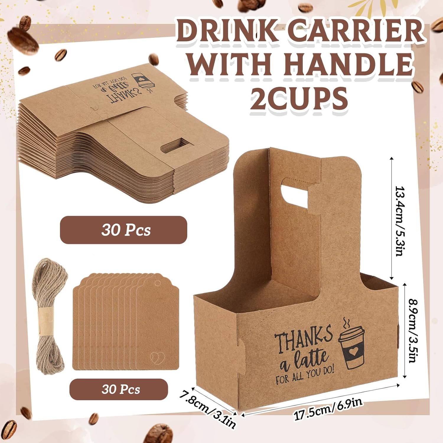 Grossiste 30 ensembles de porte-gobelets avec poignée, support en papier kraft pour 2/4 tasses de 12-30 oz, pour boissons froides et chaudes, livraison de boissons à emporter pour la fête des mères, Logo Personnalisé, dimensions 7 x 3 x 9 pouces, couleur marron, Fabricant.