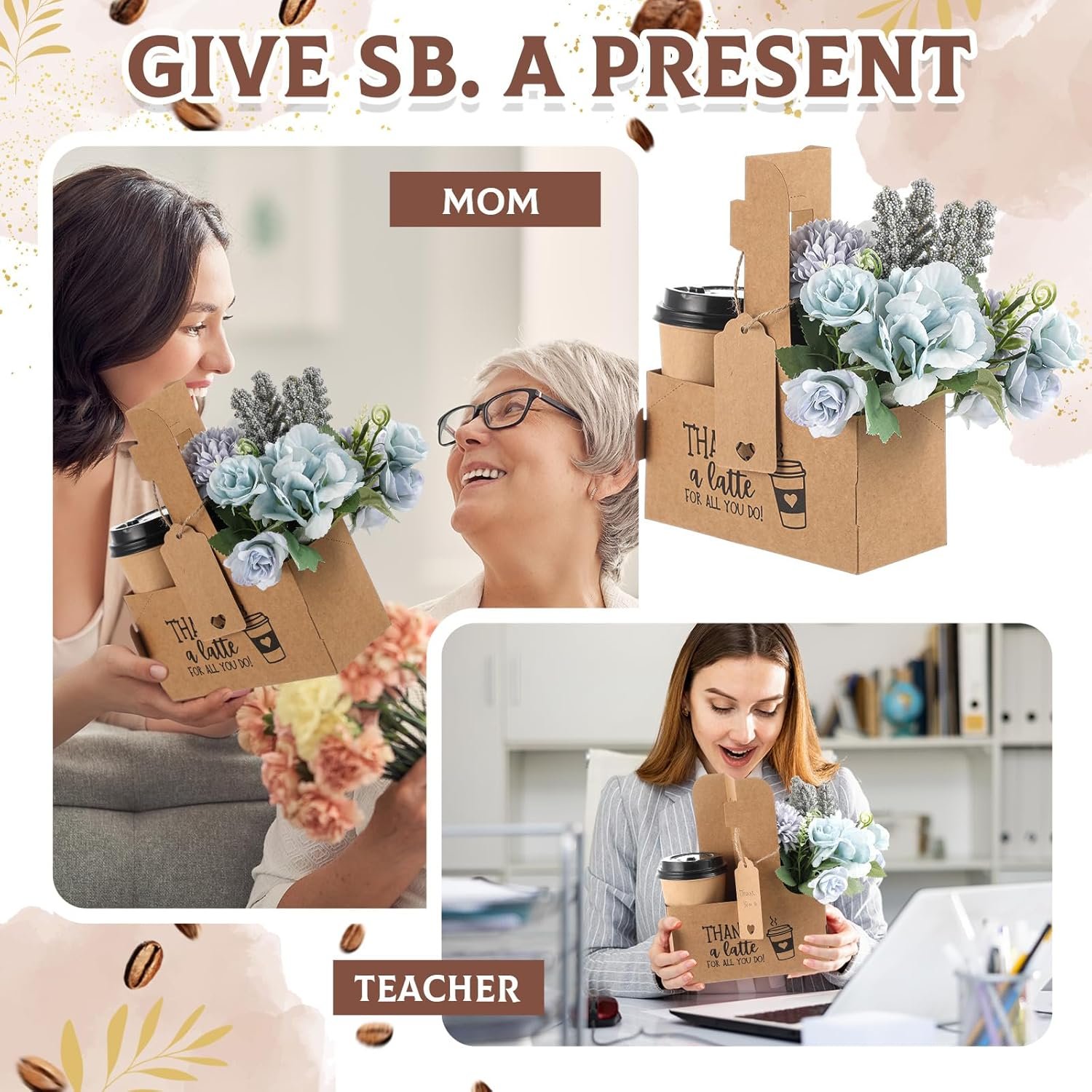 Grossiste 30 ensembles de porte-gobelets avec poignée, support en papier kraft pour 2/4 tasses de 12-30 oz, pour boissons froides et chaudes, livraison de boissons à emporter pour la fête des mères, Logo Personnalisé, dimensions 7 x 3 x 9 pouces, couleur marron, Fabricant.