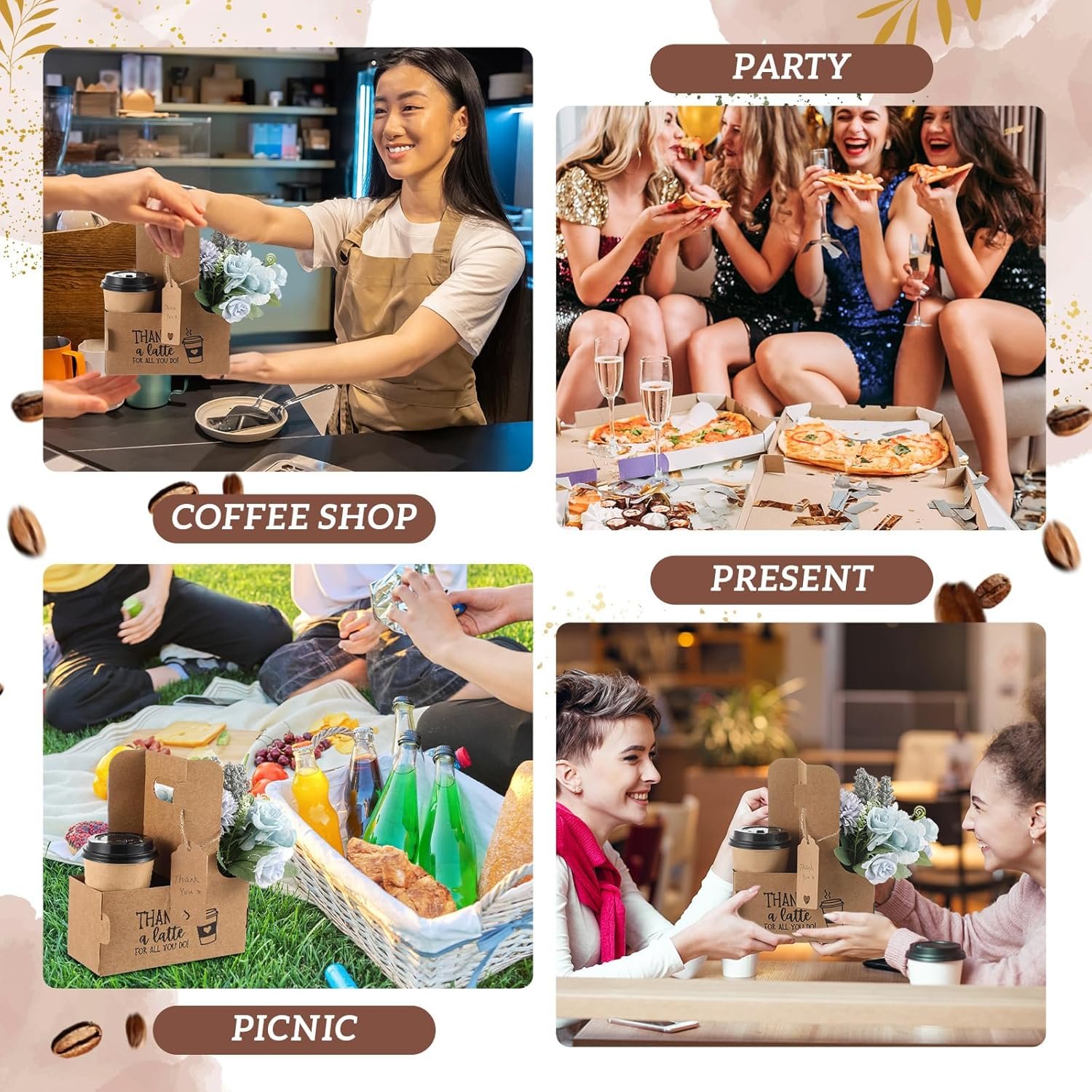 Grossiste 30 ensembles de porte-gobelets avec poignée, support en papier kraft pour 2/4 tasses de 12-30 oz, pour boissons froides et chaudes, livraison de boissons à emporter pour la fête des mères, Logo Personnalisé, dimensions 7 x 3 x 9 pouces, couleur marron, Fabricant.