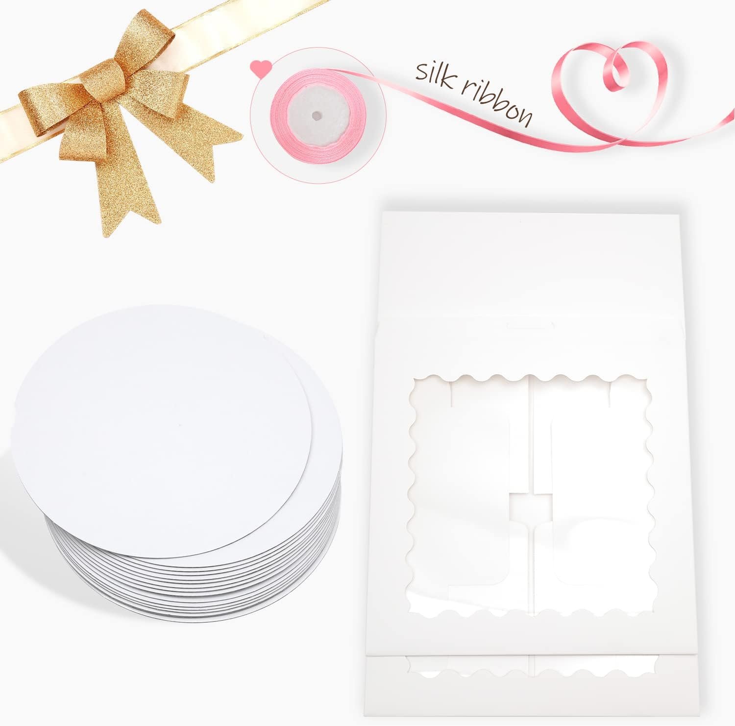 Grossiste de boîtes à gâteaux blanches 6 pouces avec fenêtre, 36 pièces (18 boîtes à gâteaux + 18 planches à gâteaux + 10 mètres de ruban en soie), logo personnalisé, fabricant fiable, vente en gros.