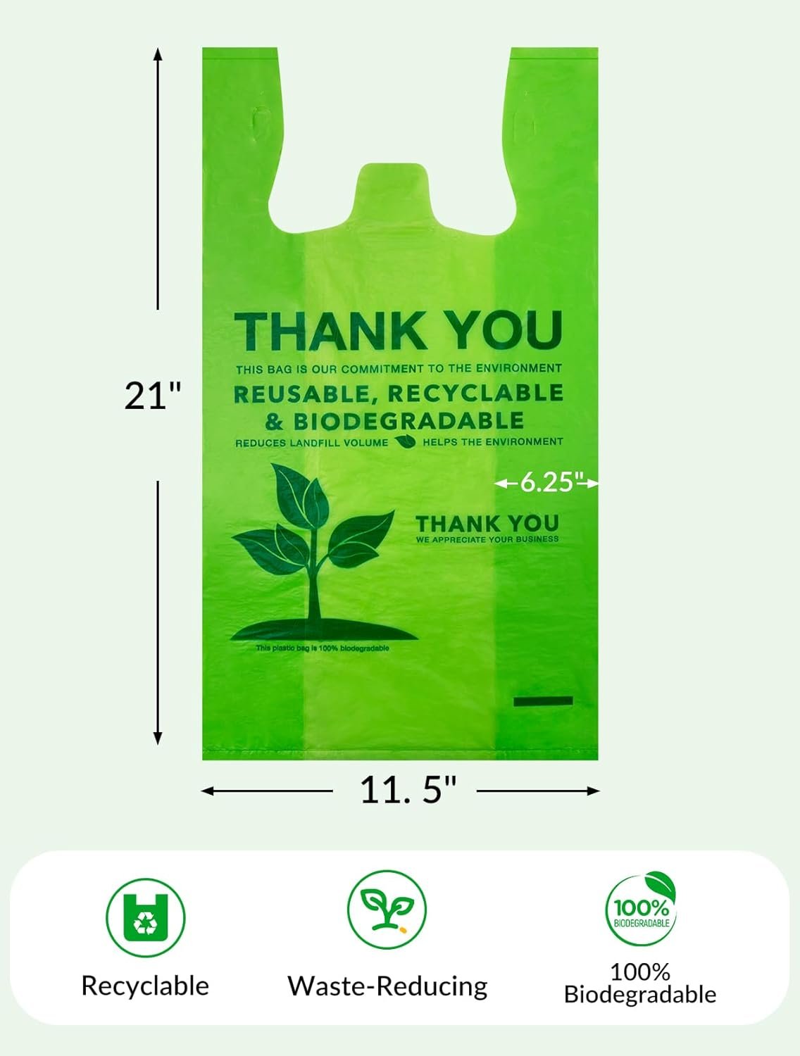 Sacs à T-shirt biodégradables de 100 unités, sacs de courses compostables, fournisseur de sacs de shopping en plastique écologiques, 11,5 x 6,25 x 21 pouces, sacs de transport robustes en vente en gros, logo personnalisé. Sacs à T-shirt biodégradables de 100 unités, sacs de courses compostables, fournisseur de sacs de shopping en plastique écologiques, 11,5 x 6,25 x 21 pouces, sacs de transport robustes en vente en gros, logo personnalisé.