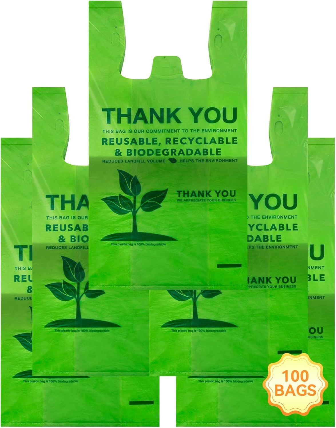 Sacs à T-shirt biodégradables de 100 unités, sacs de courses compostables, fournisseur de sacs de shopping en plastique écologiques, 11,5 x 6,25 x 21 pouces, sacs de transport robustes en vente en gros, logo personnalisé.