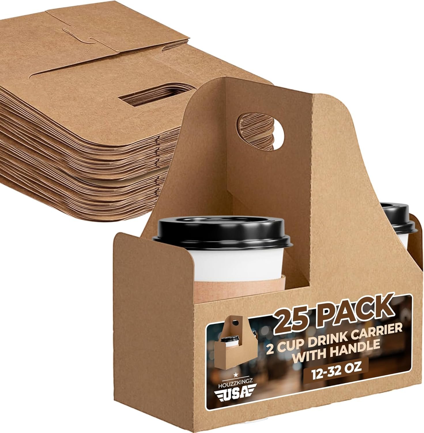 Grossiste Porte-gobelets à 2 tasses avec poignée [25 pièces] | Caddy de boissons portable | Fournisseur de porte-gobelets jetables pour livraison | Logo personnalisé Porte-gobelets pour café avec poignée