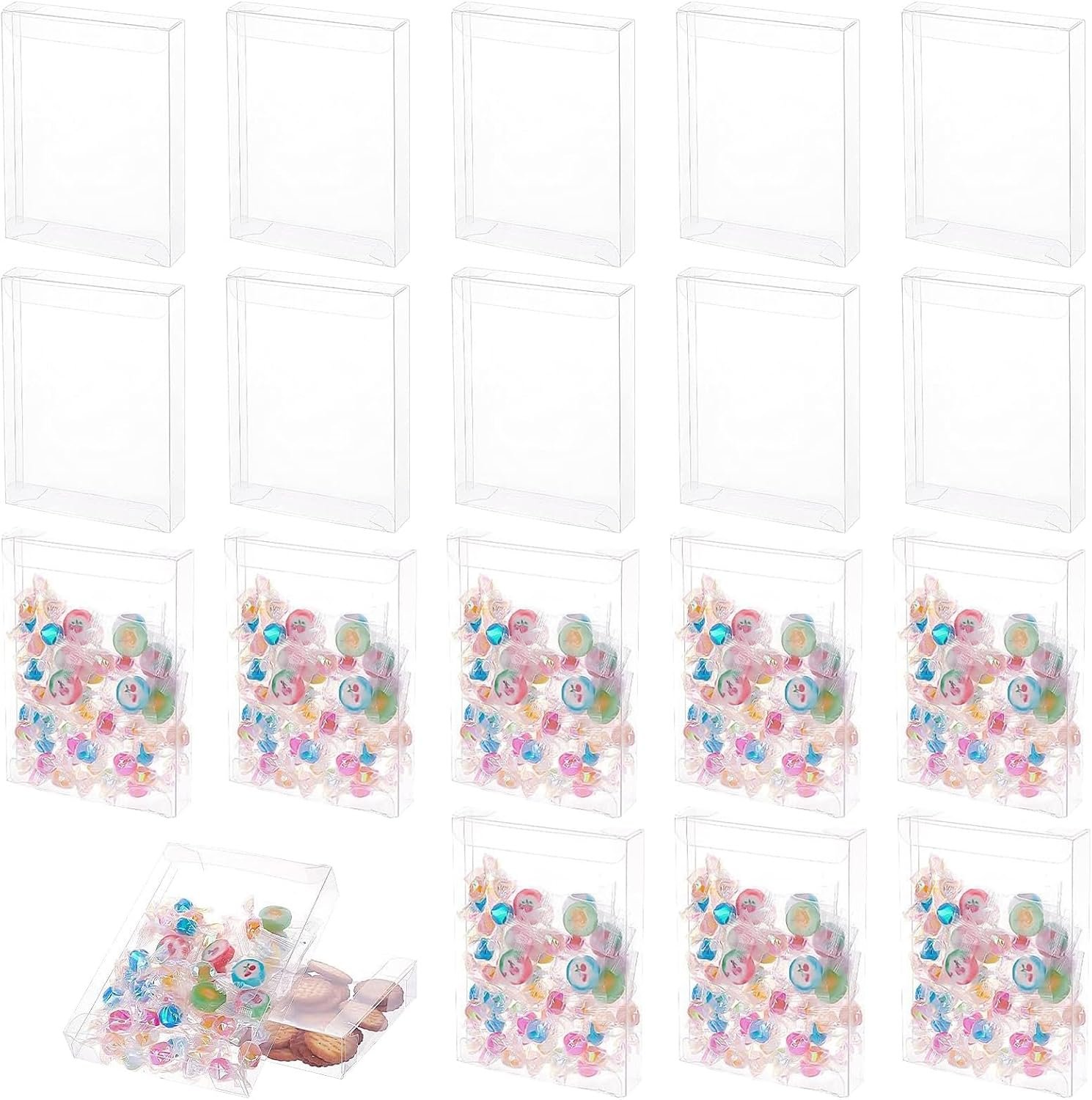 Grossiste boîtes transparentes 80 pcs 5 x 4 x 1,2 pouces pour emballage de desserts, bonbons et cadeaux, Logo Personnalisé, PVC parfait pour mariage, fête, Saint-Valentin, Halloween, Noël, Fournisseur en Vrac.