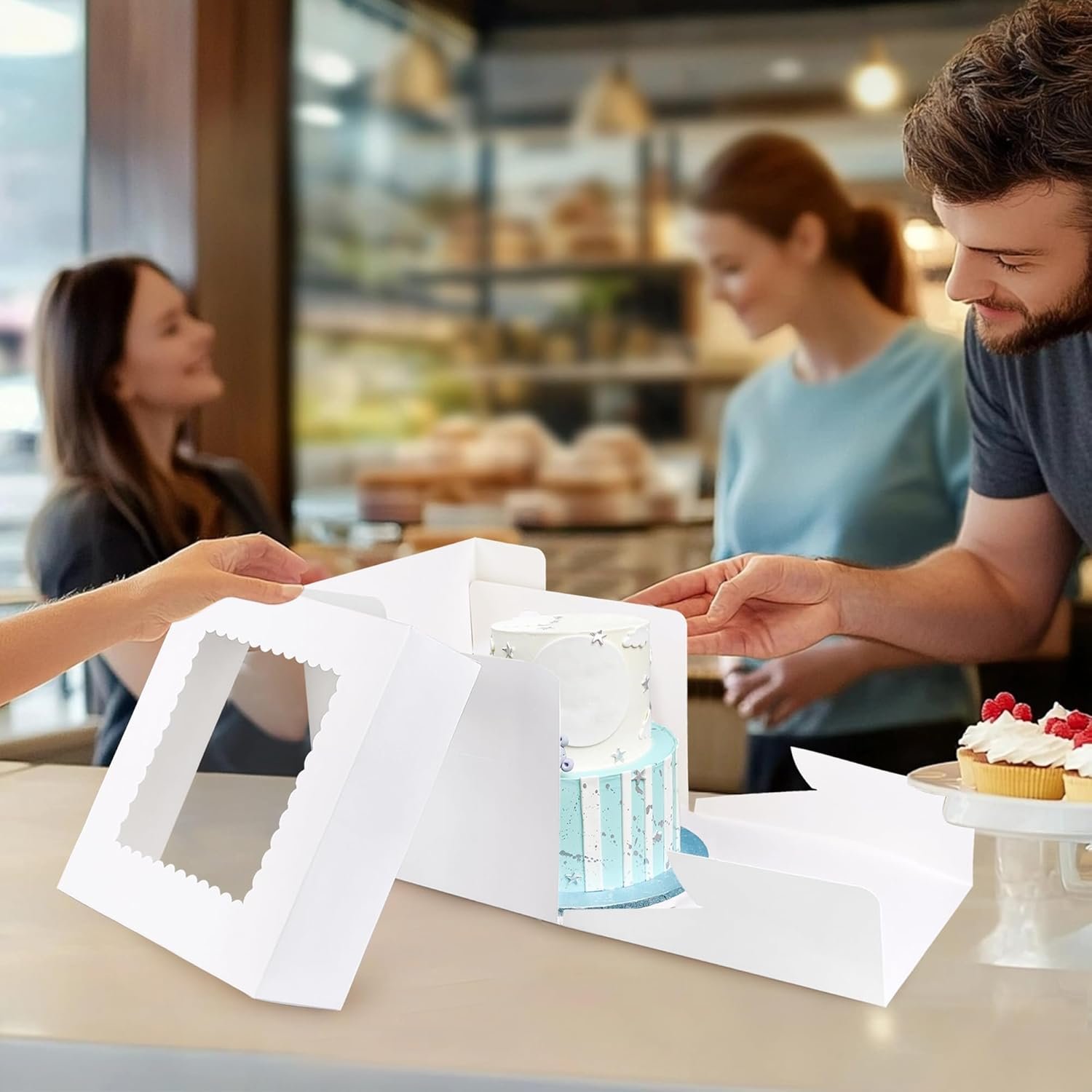 Grossiste de boîtes à gâteaux hautes blanches avec fenêtre 15 pièces en gros en vrac, tailles 12x12x12, 10x10x10, 8x8x8 pouces, OEM pour boulangeries.