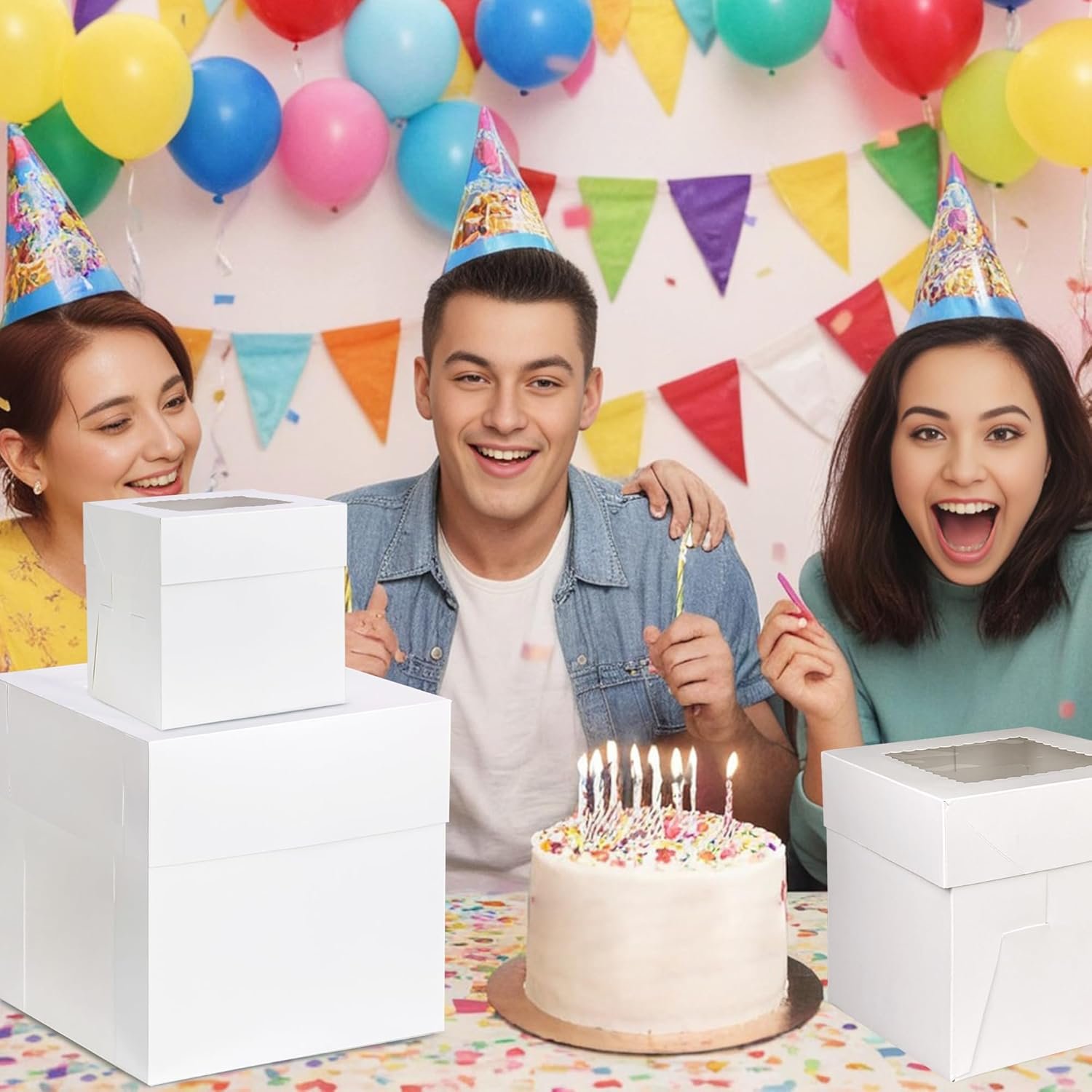 Grossiste de boîtes à gâteaux hautes blanches avec fenêtre 15 pièces en gros en vrac, tailles 12x12x12, 10x10x10, 8x8x8 pouces, OEM pour boulangeries.