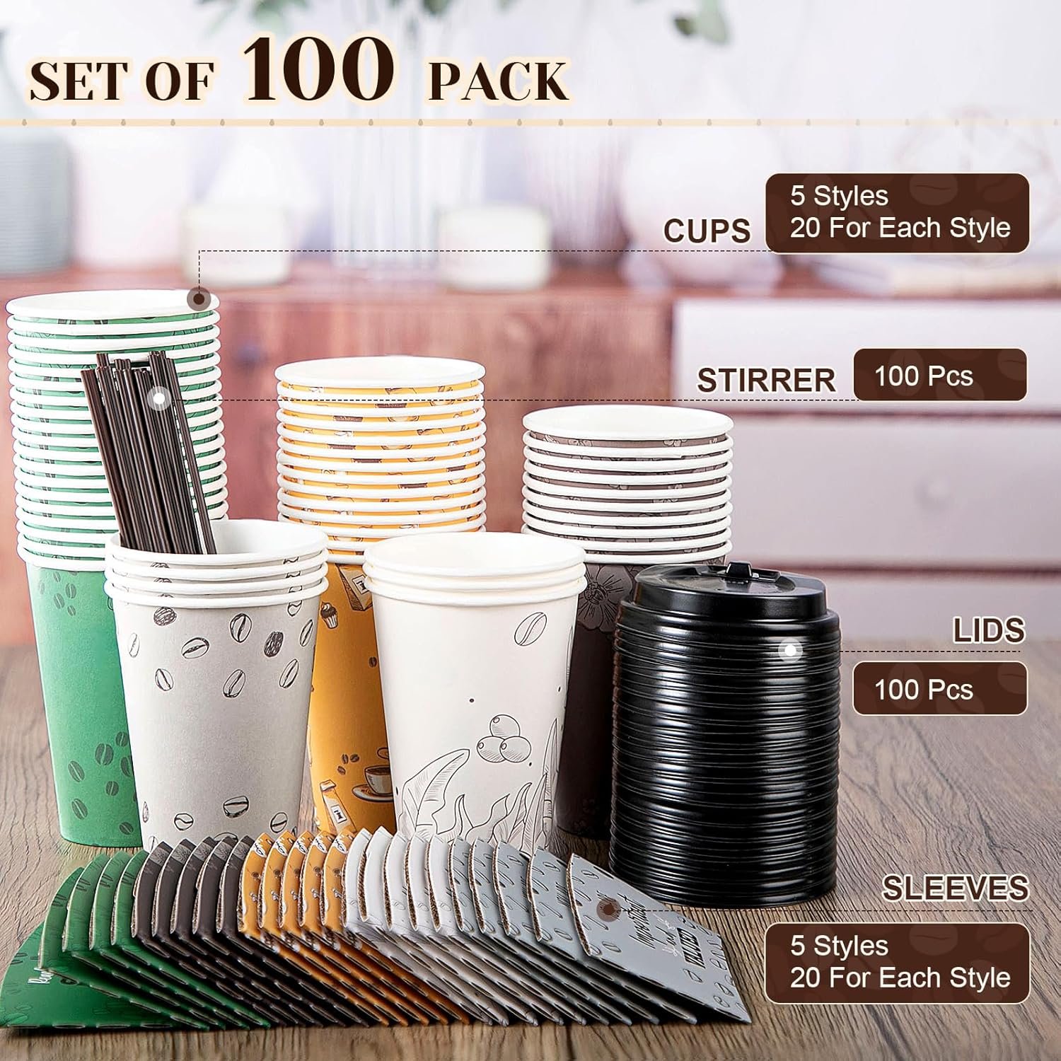 Grossiste de 100 Sets de Gobelets en Papier Jetables de 12 oz avec Couvercles, Manchons, Pailles, Motivants à Emporter pour Boissons Chaudes et Froides, Fournisseur de Gobelets Chocolat Cocoa, OEM, 5 Styles