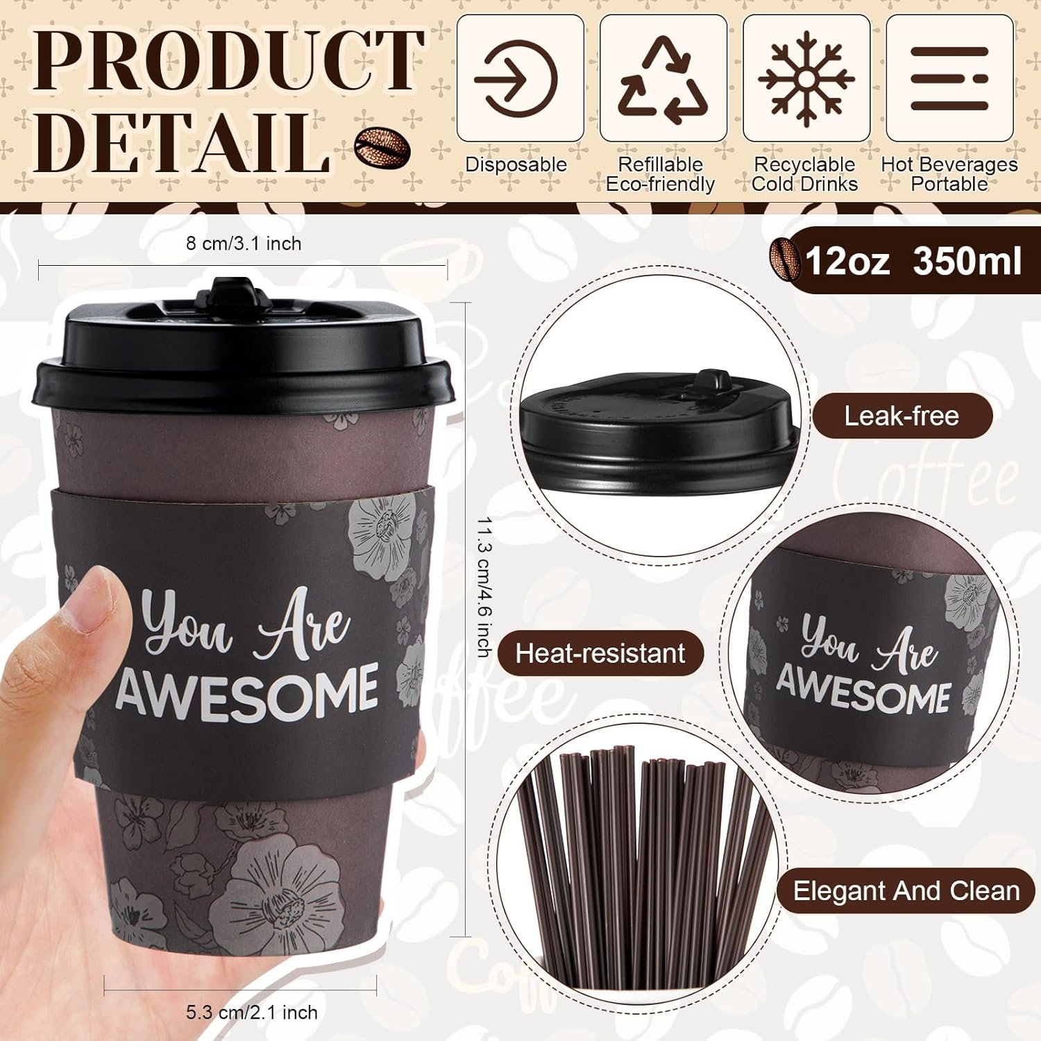 Grossiste de 100 Sets de Gobelets en Papier Jetables de 12 oz avec Couvercles, Manchons, Pailles, Motivants à Emporter pour Boissons Chaudes et Froides, Fournisseur de Gobelets Chocolat Cocoa, OEM, 5 Styles