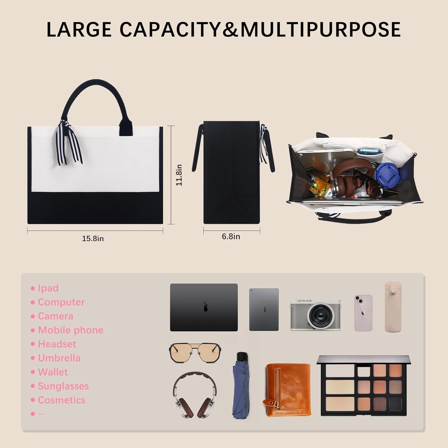 Sac en toile classique personnalisé 10 PCS (noir et blanc), Sac de courses avec poche zippée, logo personnalisé pour mariage, anniversaire, plage, parfait comme cadeau en gros pour femmes, mamans, enseignants et amis, fabriqué par un fournisseur fiable.