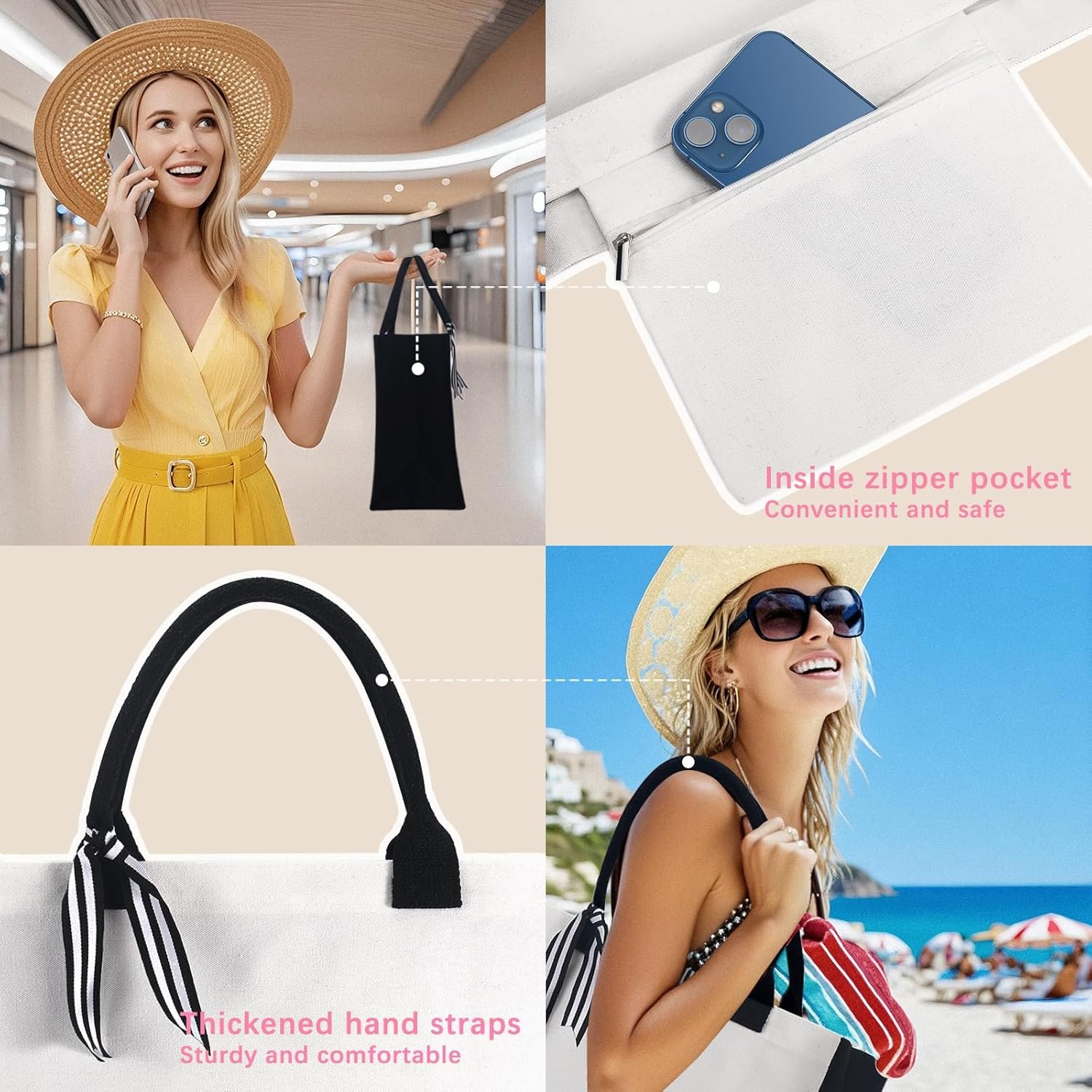 Sac en toile classique personnalisé 10 PCS (noir et blanc), Sac de courses avec poche zippée, logo personnalisé pour mariage, anniversaire, plage, parfait comme cadeau en gros pour femmes, mamans, enseignants et amis, fabriqué par un fournisseur fiable.