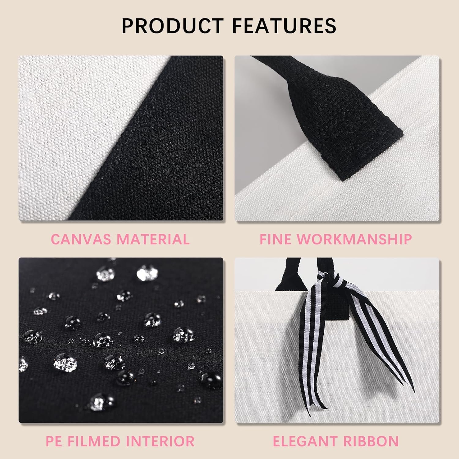 Sac en toile classique personnalisé 10 PCS (noir et blanc), Sac de courses avec poche zippée, logo personnalisé pour mariage, anniversaire, plage, parfait comme cadeau en gros pour femmes, mamans, enseignants et amis, fabriqué par un fournisseur fiable.