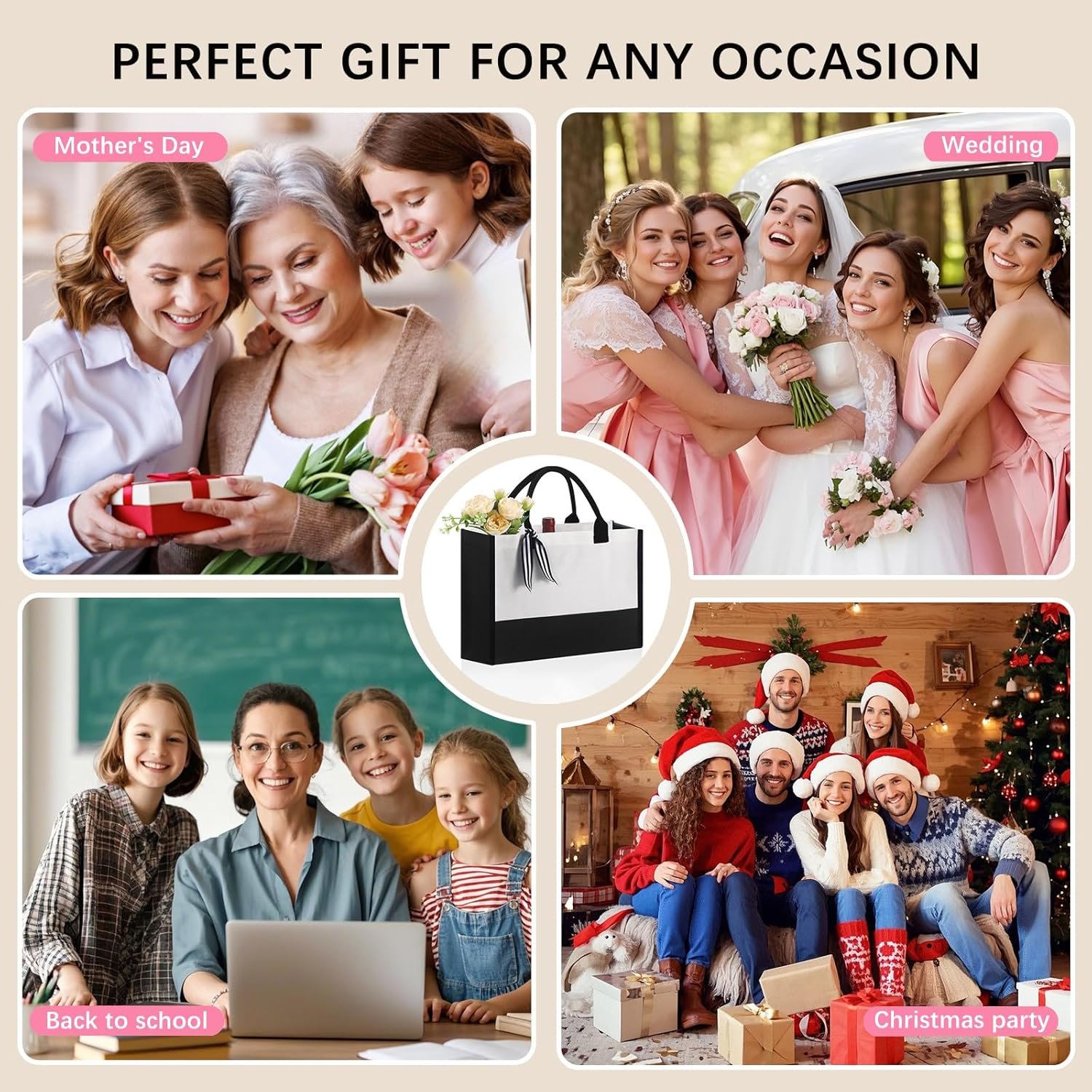 Sac en toile classique personnalisé 10 PCS (noir et blanc), Sac de courses avec poche zippée, logo personnalisé pour mariage, anniversaire, plage, parfait comme cadeau en gros pour femmes, mamans, enseignants et amis, fabriqué par un fournisseur fiable.