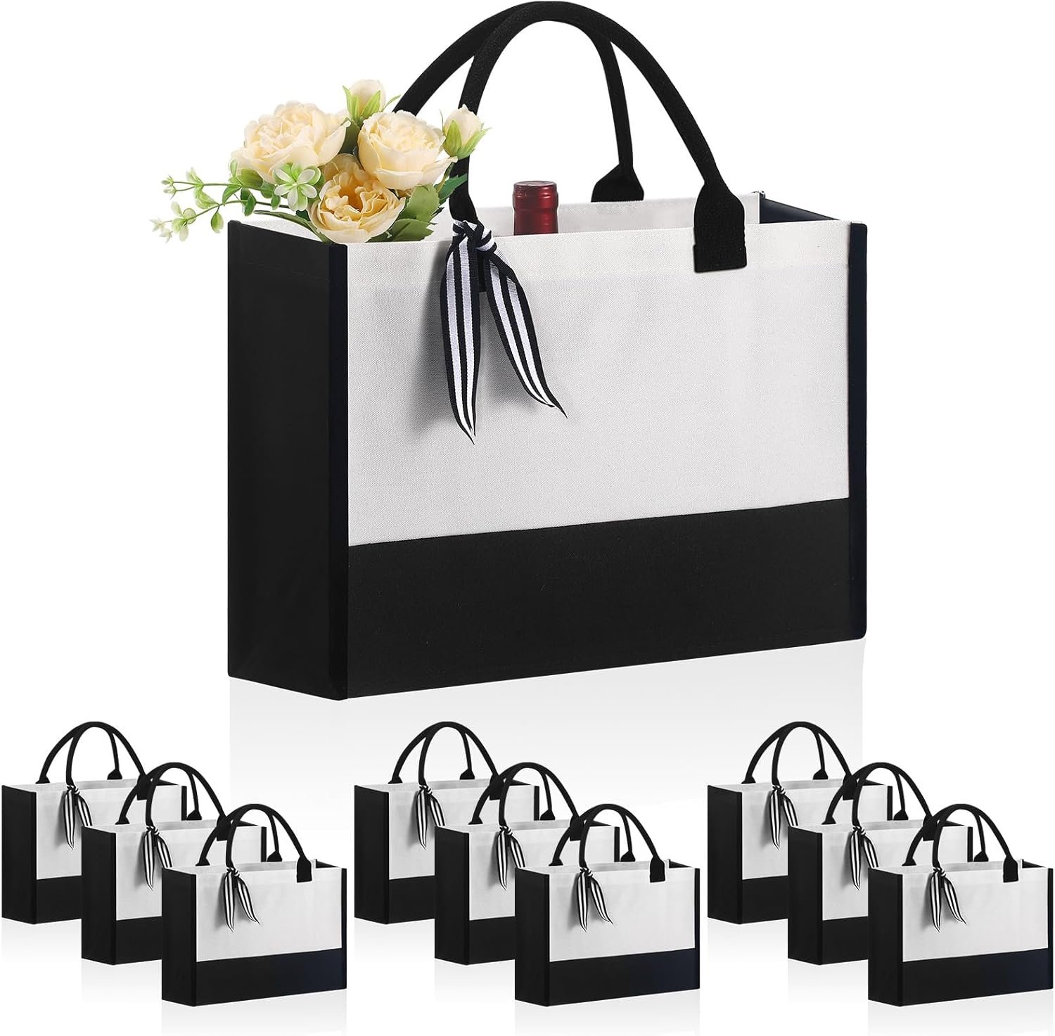 Sac en toile classique personnalisé 10 PCS (noir et blanc), Sac de courses avec poche zippée, logo personnalisé pour mariage, anniversaire, plage, parfait comme cadeau en gros pour femmes, mamans, enseignants et amis, fabriqué par un fournisseur fiable.