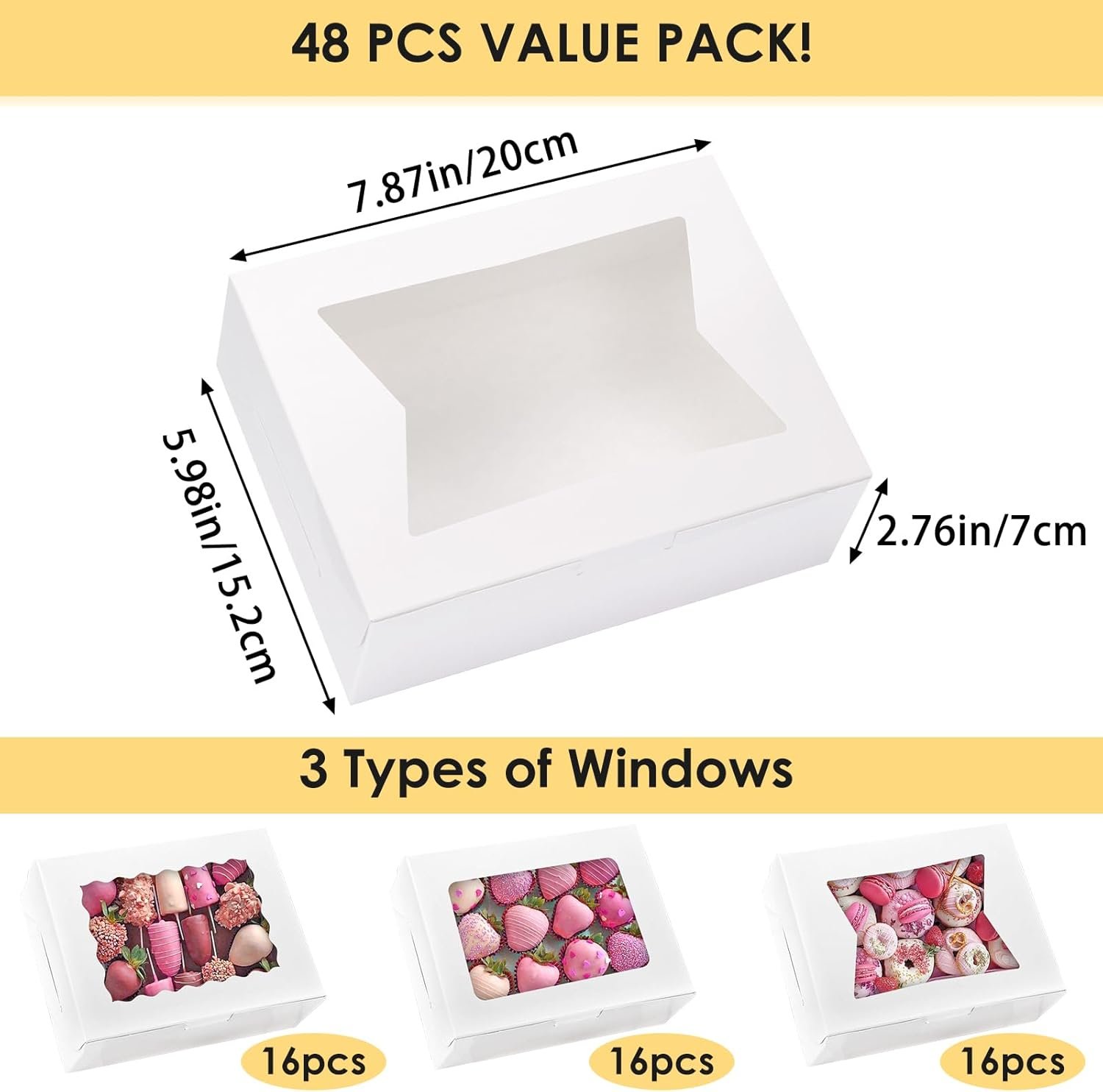 Grosiste de boîtes à gâteaux avec fenêtre, 48 pièces, 8x6x2,5 pouces, pour chocolats, muffins, bonbons, logo personnalisé, fournisseur idéal, vente en gros.