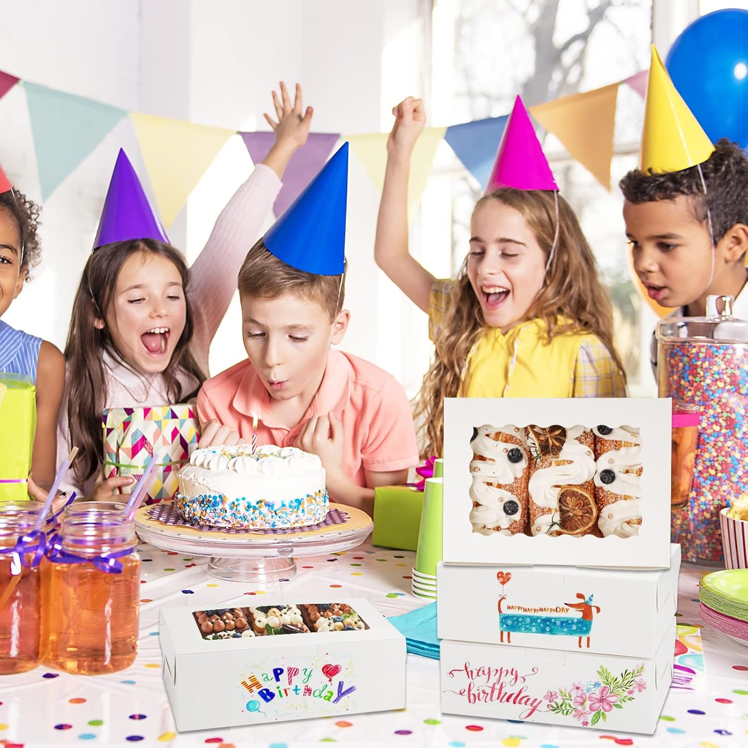 Grosiste de boîtes à gâteaux avec fenêtre, 48 pièces, 8x6x2,5 pouces, pour chocolats, muffins, bonbons, logo personnalisé, fournisseur idéal, vente en gros.