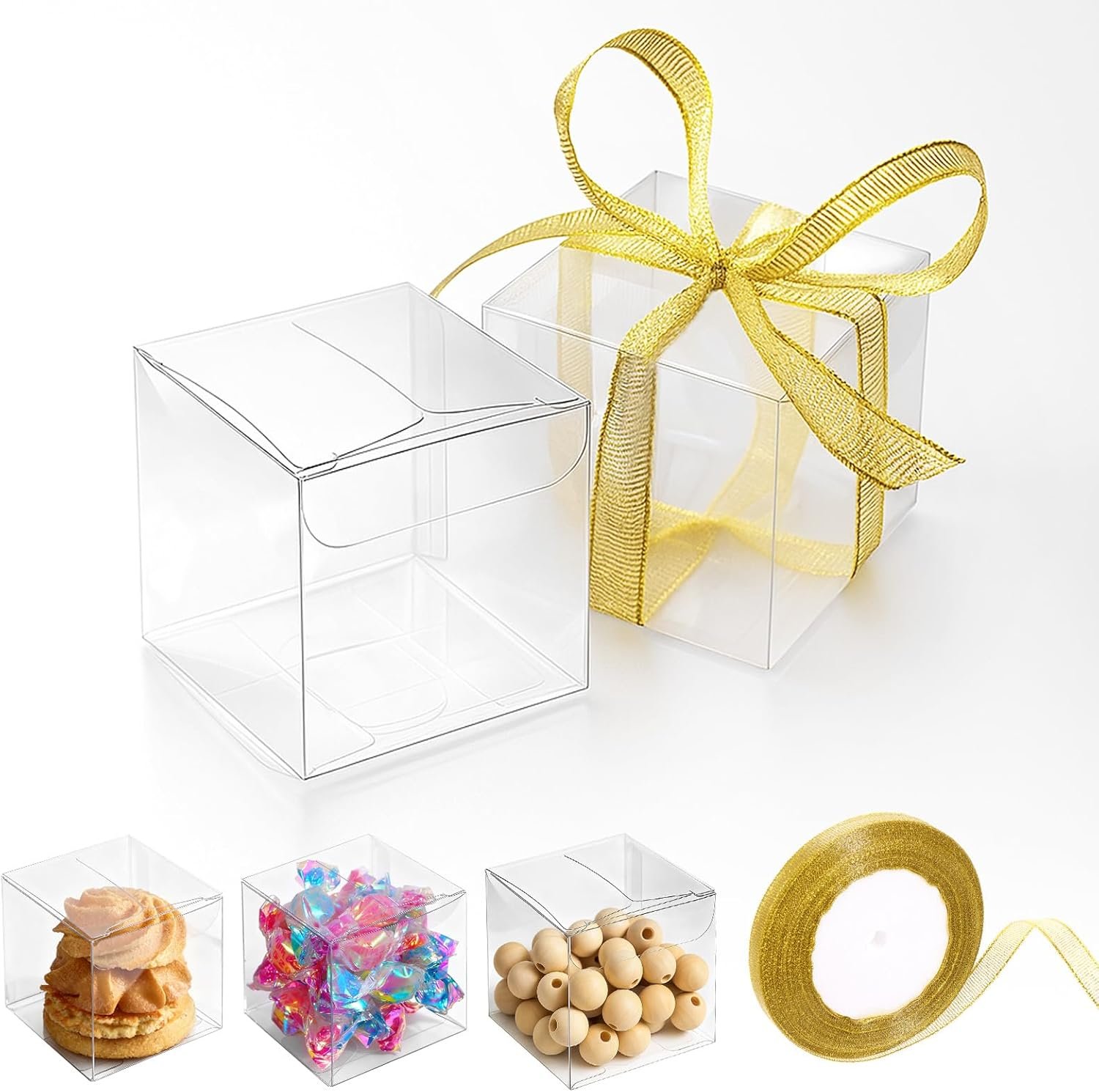 Grossiste Boîtes Transparentes Miniatures 2 x 2 x 2 Inches, Ribbons Inclus, Fournisseur de Contenants pour Bonbons, Macarons, Cadeaux pour Mariage, Baby Shower, Anniversaire, Vente en Gros