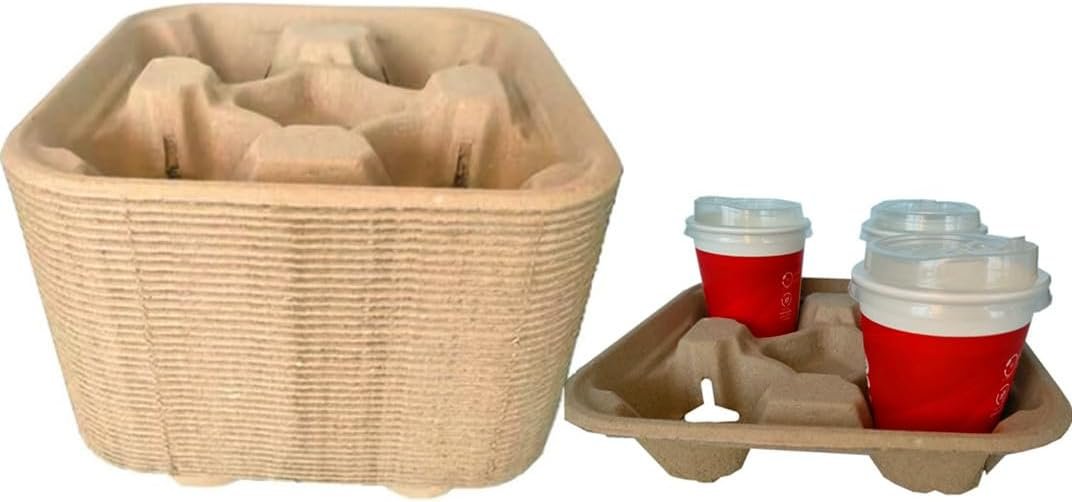 Grossiste supports, plateaux porte-gobelets biodégradables en pulpe de fibre pour 4 boissons, fabriquant de porte-gobelets compostables sans renversement pour boissons chaudes et froides, marque blanche de 36 unités, parfaits pour voitures, livraisons de nourriture, restaurants et cafés.