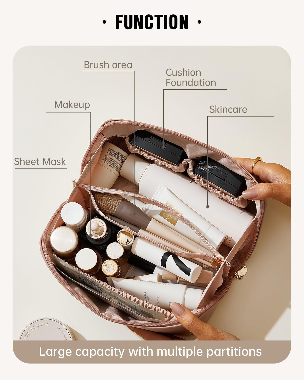 Grossiste de sacs à cosmétiques, grand format imperméable en cuir PU, pour les soins de la peau, pinceaux et essentiels de voyage, avec logo personnalisé et options de fabrication en gros.