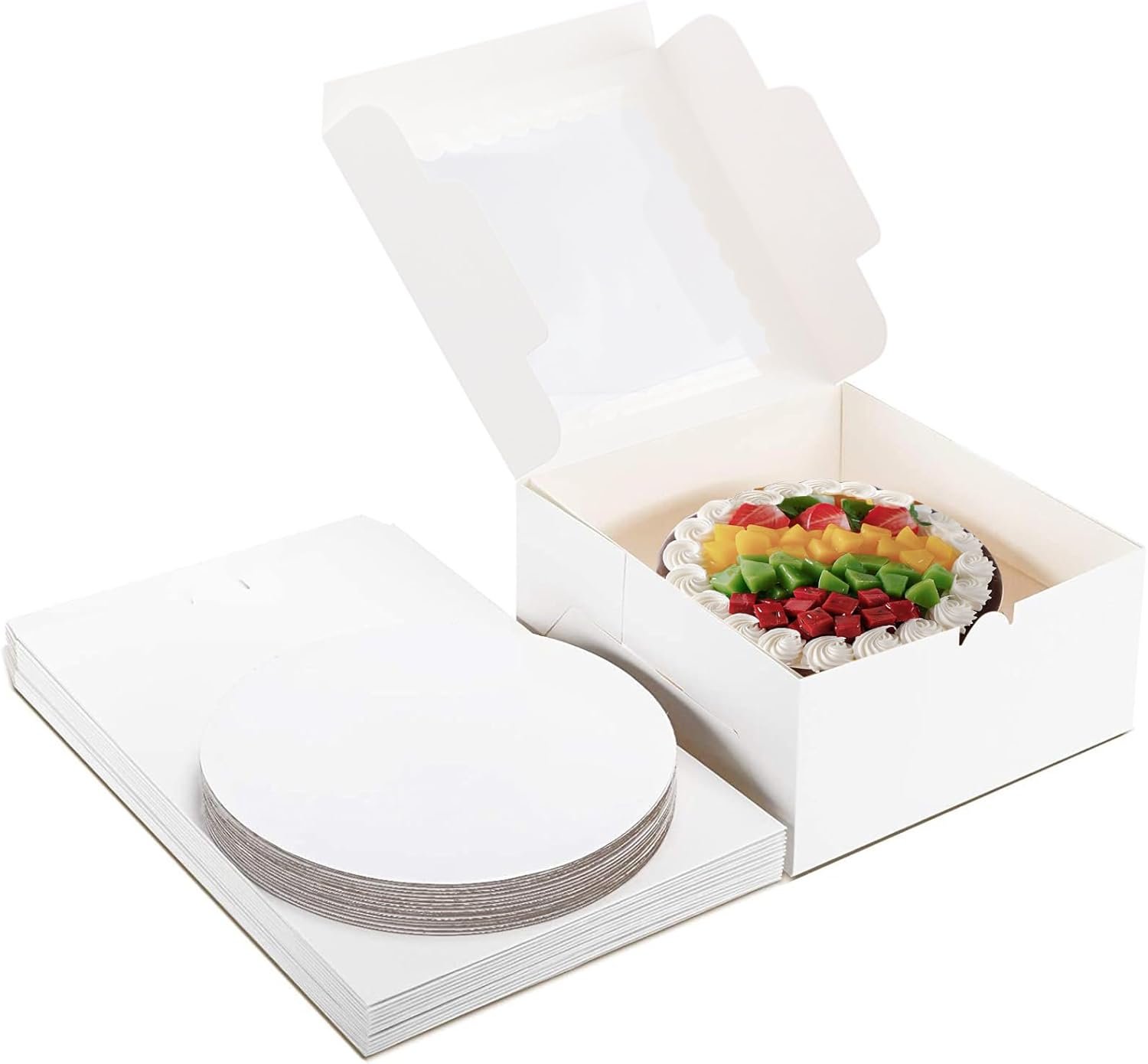 Boîte à gâteaux 20 pièces 8x8x5 avec fenêtre & plateaux à gâteau, fournisseur d'emballages élégants pour gâteaux, cookies, mariage, anniversaire, fête des mères, logo personnalisé, assemblage en une pièce en vente en gros.