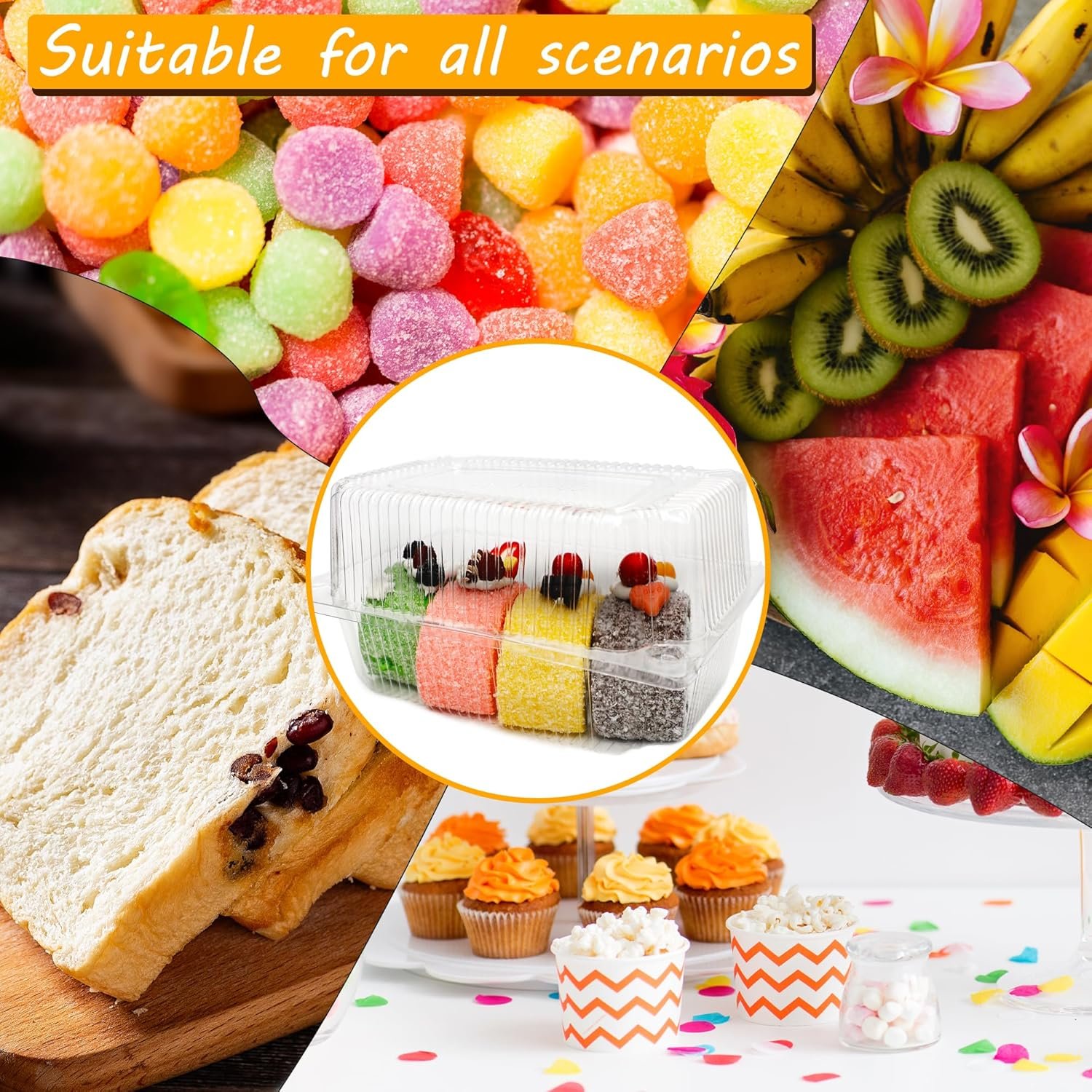 Grossiste Contenants alimentaires clairs en plastique hinged 80 Pcs 7.3 x 4.9 x 3.8 pouces Boîtes à emporter clamshell pour sandwichs, gâteaux, biscuits, pâtisseries et desserts, Fournisseur OEM, Vente en gros.