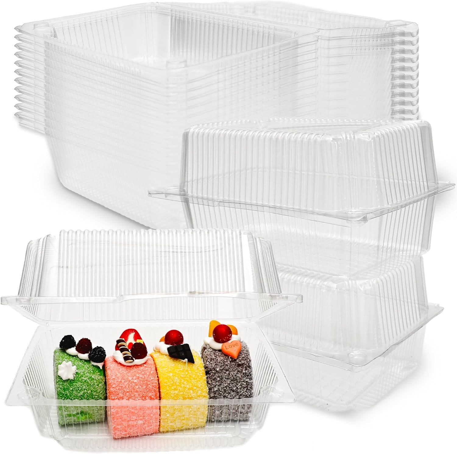 Grossiste Contenants alimentaires clairs en plastique hinged 80 Pcs 7.3 x 4.9 x 3.8 pouces Boîtes à emporter clamshell pour sandwichs, gâteaux, biscuits, pâtisseries et desserts, Fournisseur OEM, Vente en gros.