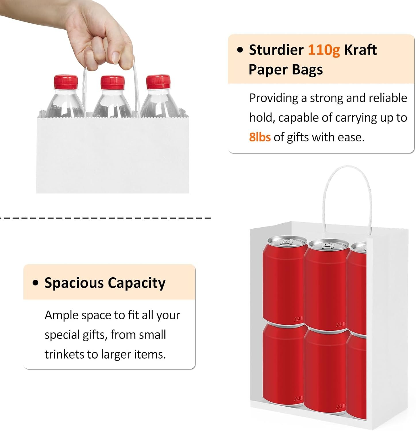 Grossiste de sacs en papier blanc 8x4.25x10.5 avec poignées, sacs en kraft pour cadeaux et courses, OEM en vrac, fournisseur de sacs en papier moyens.