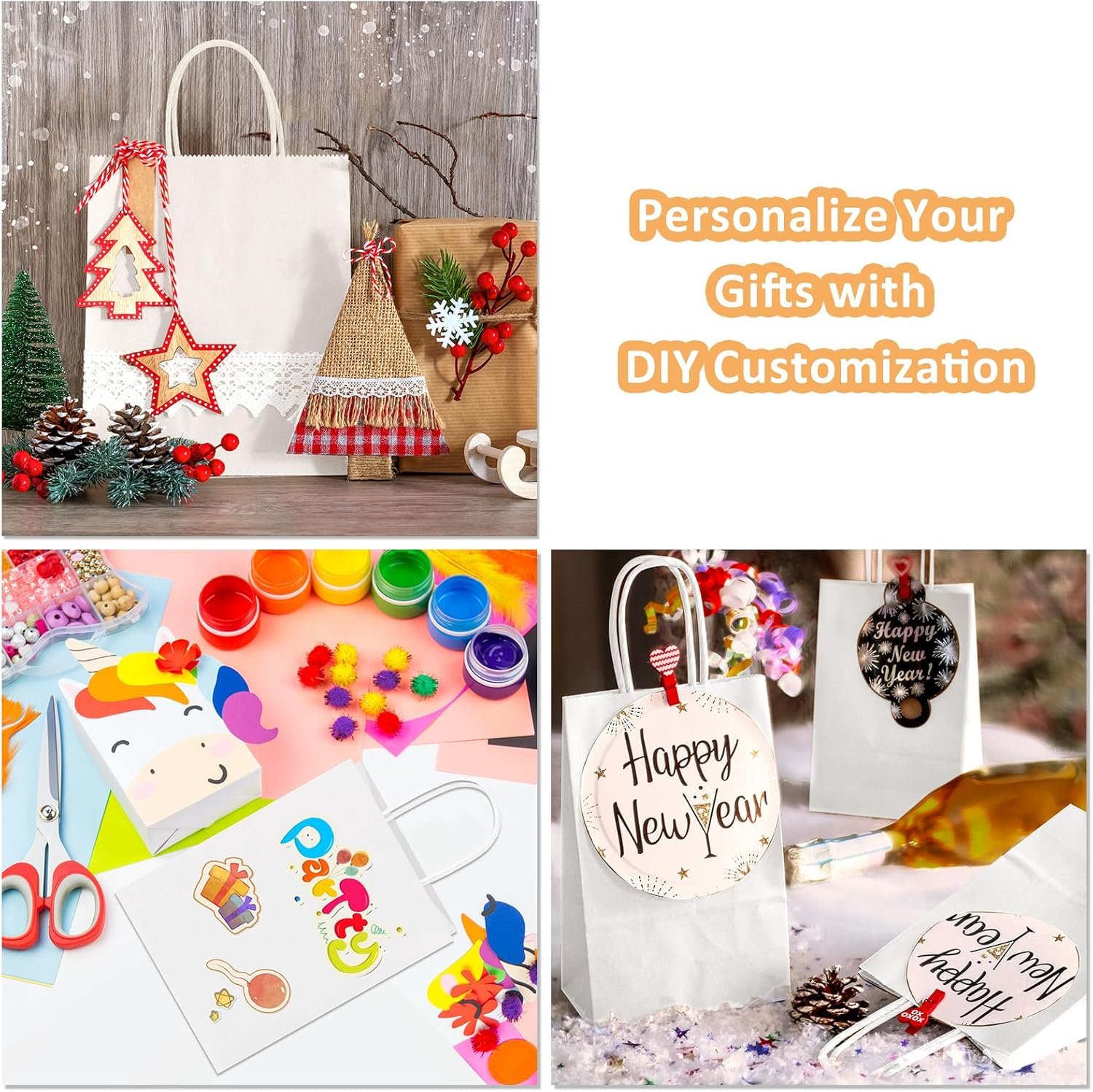 Grossiste de sacs en papier blanc 8x4.25x10.5 avec poignées, sacs en kraft pour cadeaux et courses, OEM en vrac, fournisseur de sacs en papier moyens.