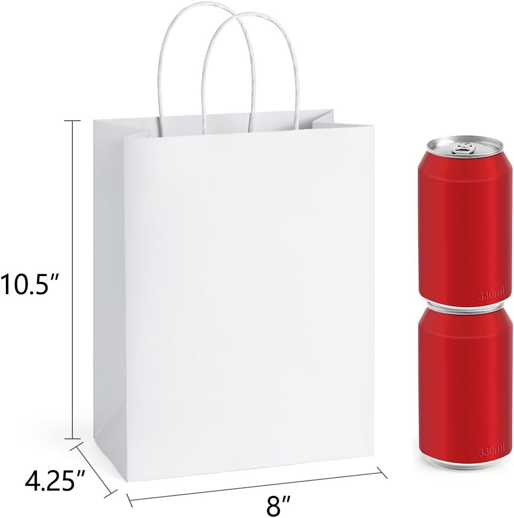 Grossiste de sacs en papier blanc 8x4.25x10.5 avec poignées, sacs en kraft pour cadeaux et courses, OEM en vrac, fournisseur de sacs en papier moyens.